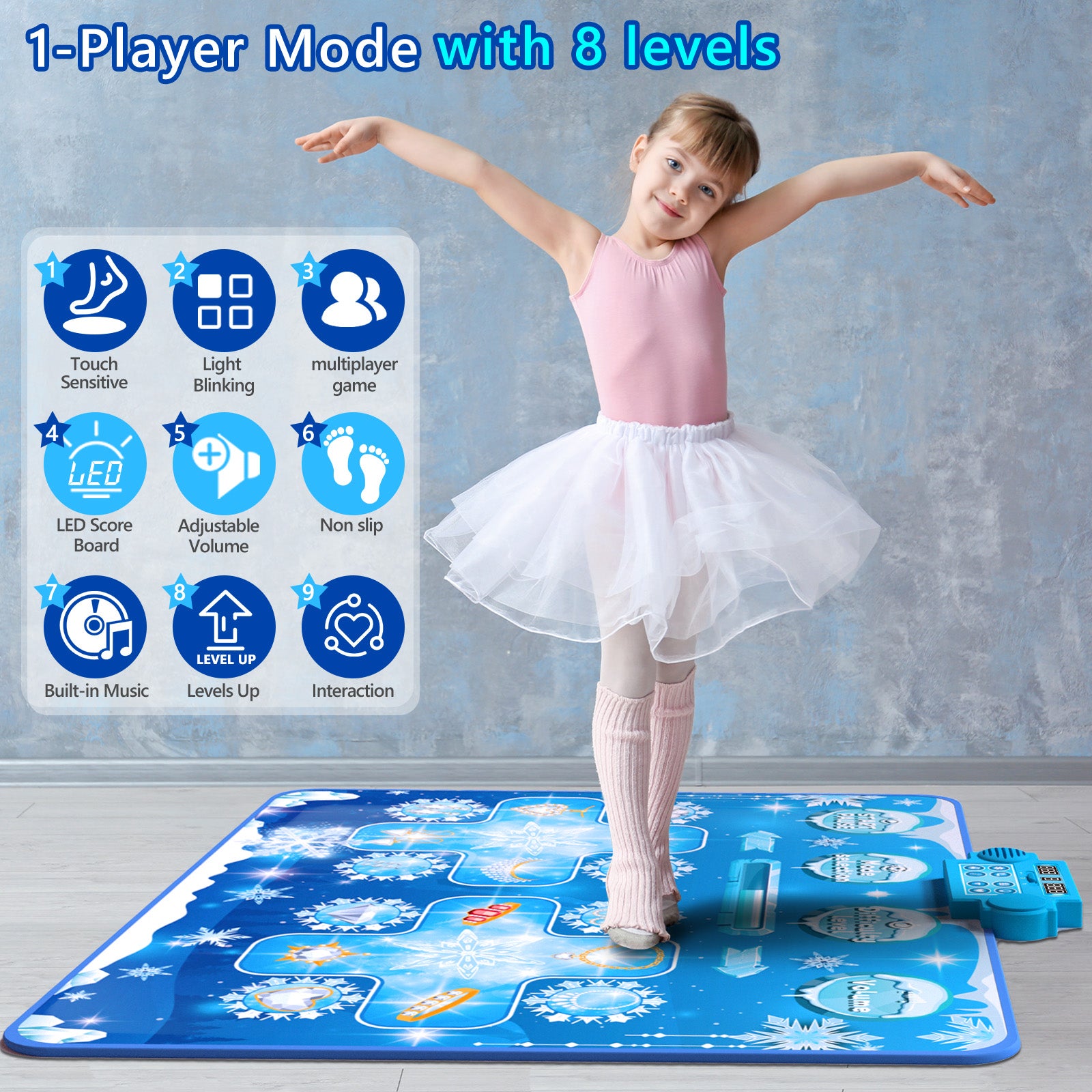 Kids Dance Mat Toys - 2-Player Dance Pad Gifts for Girls Boys Toddlers 3 4 5 6 7 8 9 + Year Old Electronic Dancing Mat Floor Games Toy with Music Light Christmas Birthday Gift (Frozen Blue) - Jasonwell