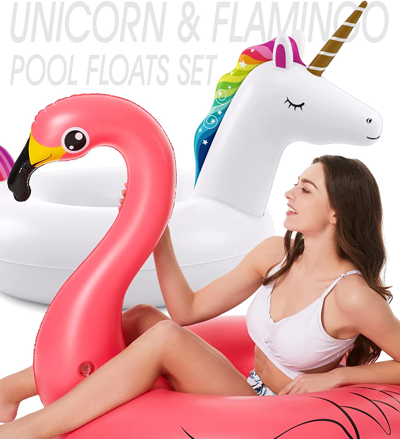 Inflatable Unicorn Flamingo Pool Floats - Jasonwell 2 Pack Pool Floaties Inflatables Rafts for Swimming Pool Tubes for Floating Lake Beach Floaty Swim Rings Pool Party Toys for Adults Kids - Jasonwell