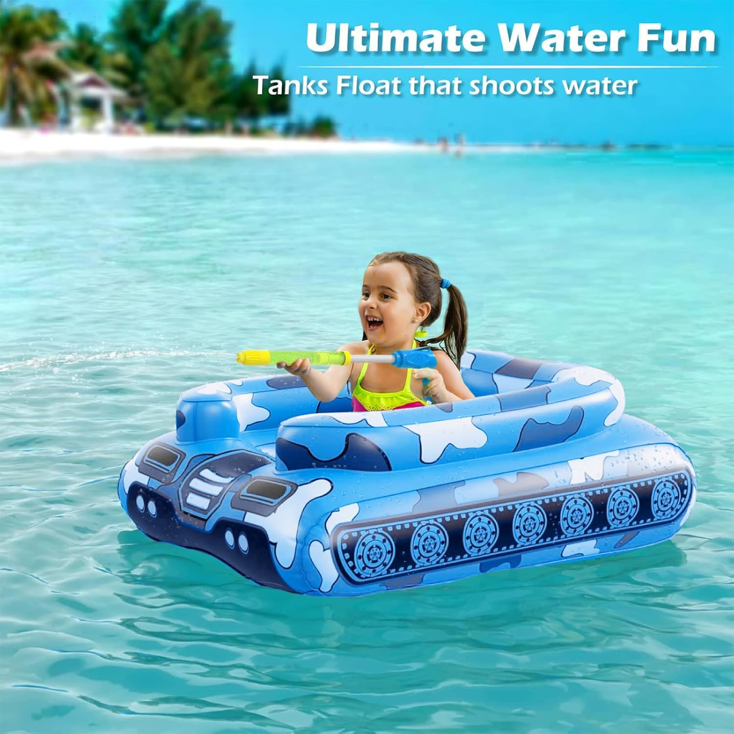 Inflatable Tank Pool Floats Kids - Jasonwell Toddler Pool Floaties Swimming Pool Tank with Water Cannon Gun Swim Floaty Rafts Lake Beach Party Pool Toys for Boys Girls Toddlers Kids (Blue-M) - Jasonwell