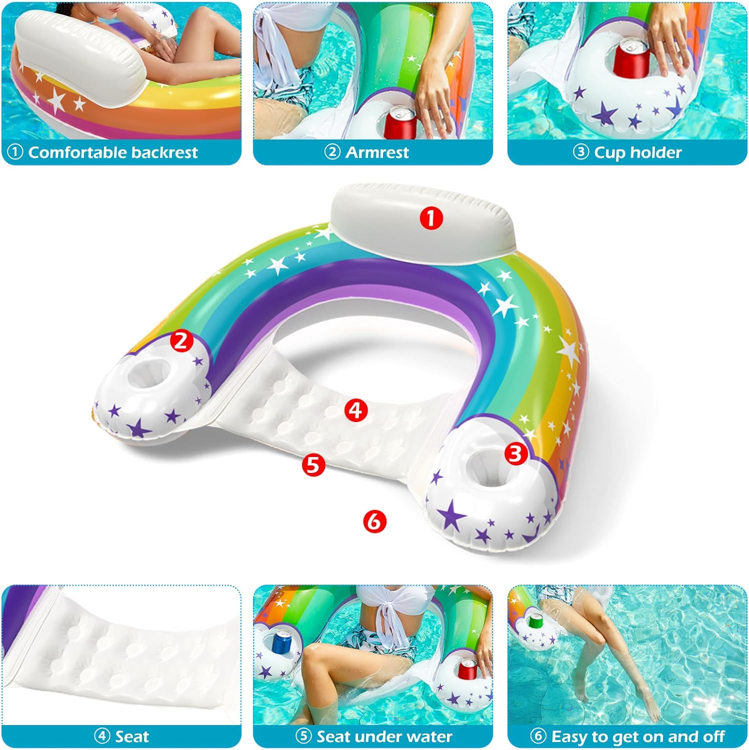 Jasonwell Inflatable Pool Float Chair - Pool Floaties Floating Pool Chair Lounge Floats for Swimming Pool Water Chair Pool Lounger with Cup Holder Pool Toy Party Floaty Adults (Rainbow-XL) - Jasonwell