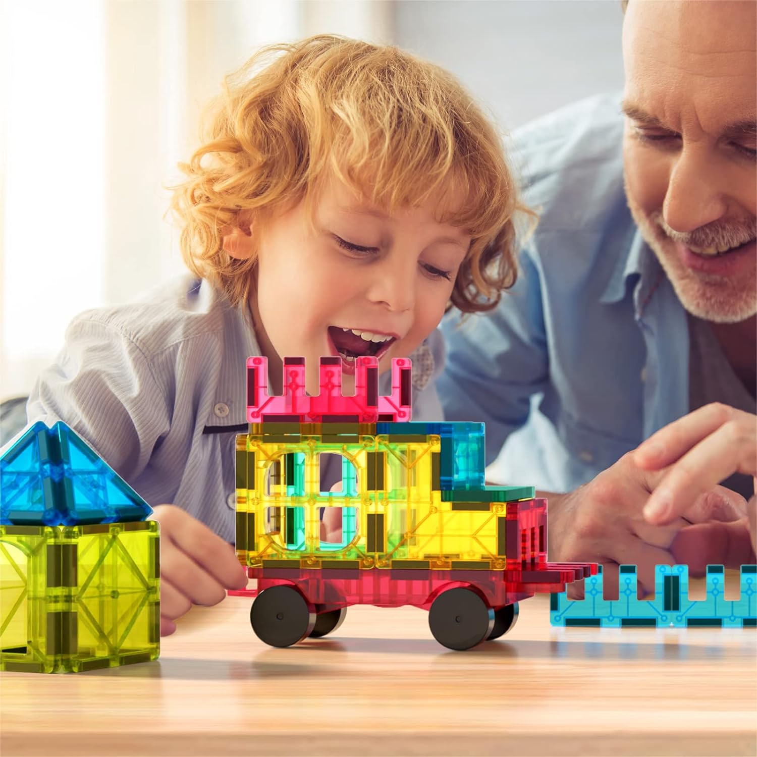 Jasonwell Magnetic Car Truck Wheels Magnetic Vehicles Set Ferris Wheel Kit Propeller Windmill Playset for Magnetic Tiles Magnet Toys Magna Building Blocks Accessories for Toddlers Boys Girls - Jasonwell