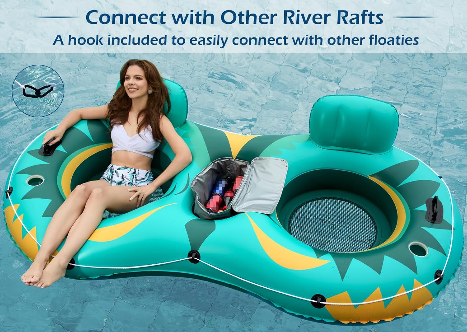 Jasonwell Inflatable River Tube Float - 2 Person Heavy Duty Pool Float With Removable Cooler, Lake Water Tubes for Floating, Raft Lounge Floatie With 2 Cup Holders for Adults