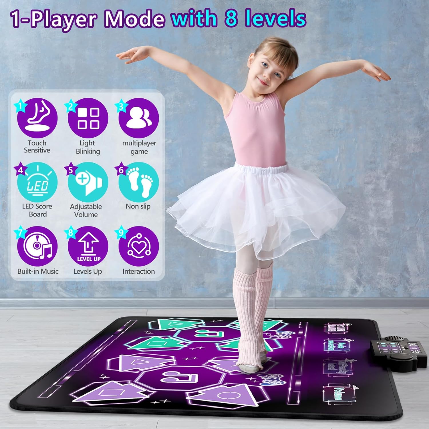 Kids Dance Mat Toys - 2-Player Dance Pad Gifts for Girls Boys Toddlers 3 4 5 6 7 8 9 + Year Old Electronic Dancing Mat Floor Games Toy with Music Light Christmas Birthday Gift (Purple) - Jasonwell