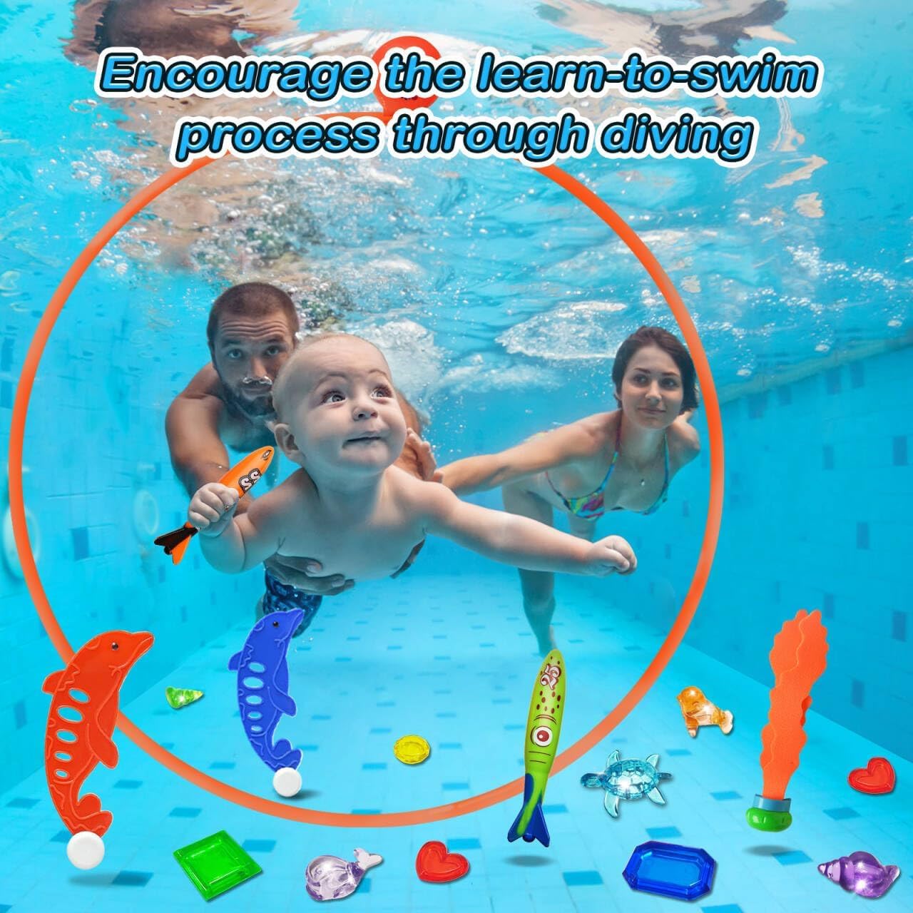 Jasonwell Pool Rings Diving Toys - 28PCS Swimming Thru Pool Diving Game Toys with Dive Rings Underwater Treasures Torpedo Bandits Fish Toys etc Fun Water Swim Toys for Boys Girls Kids Teens Adults 3C - Jasonwell