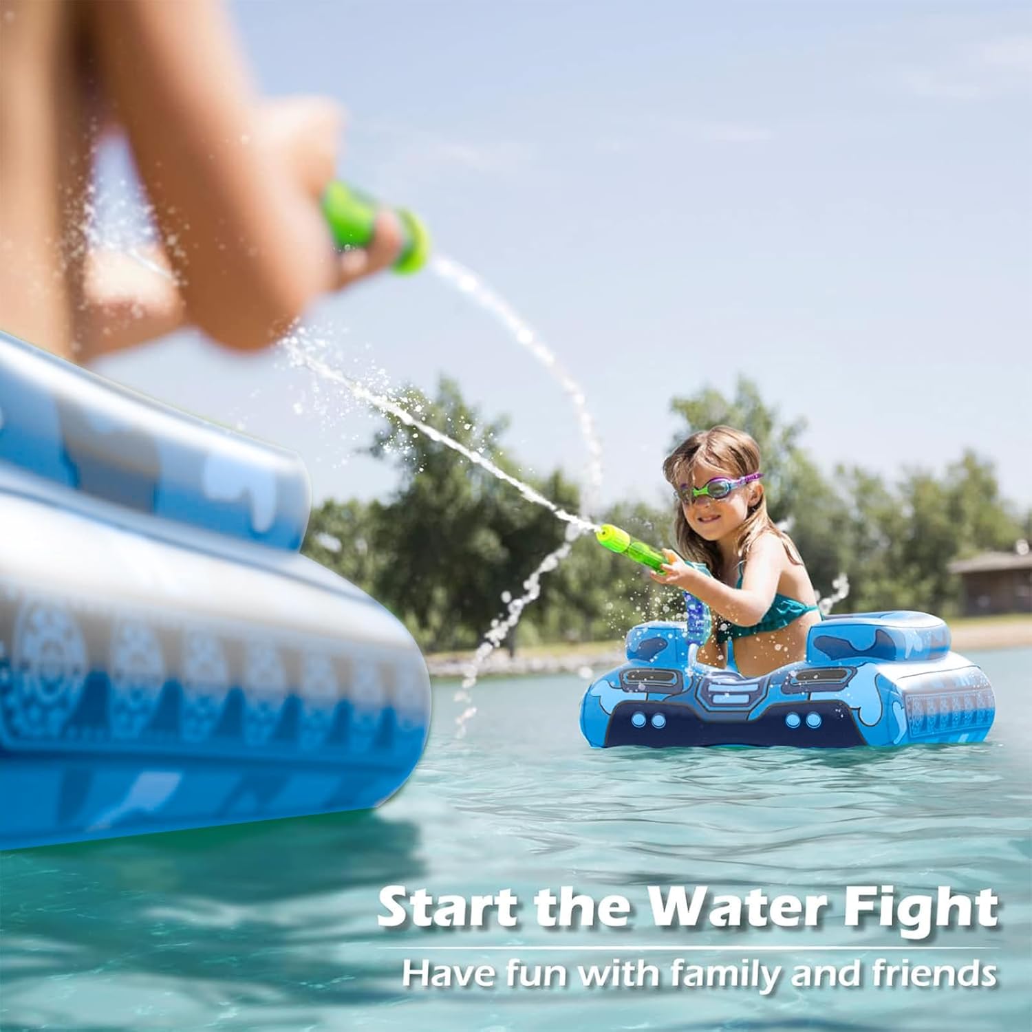 Inflatable Tank Pool Floats Kids - Jasonwell Toddler Pool Floaties Swimming Pool Tank with Water Cannon Gun Swim Floaty Rafts Lake Beach Party Pool Toys for Boys Girls Toddlers Kids (Blue-M) - Jasonwell