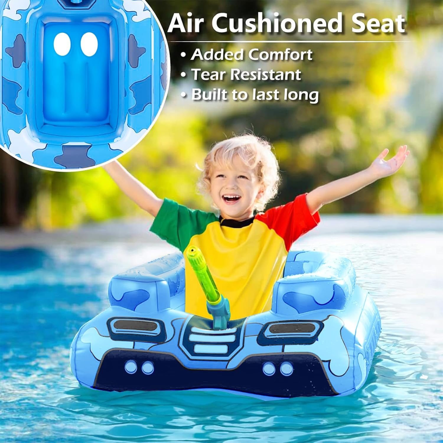 Inflatable Tank Pool Floats Kids - Jasonwell Toddler Pool Floaties Swimming Pool Tank with Water Cannon Gun Swim Floaty Rafts Lake Beach Party Pool Toys for Boys Girls Toddlers Kids (Blue-M) - Jasonwell
