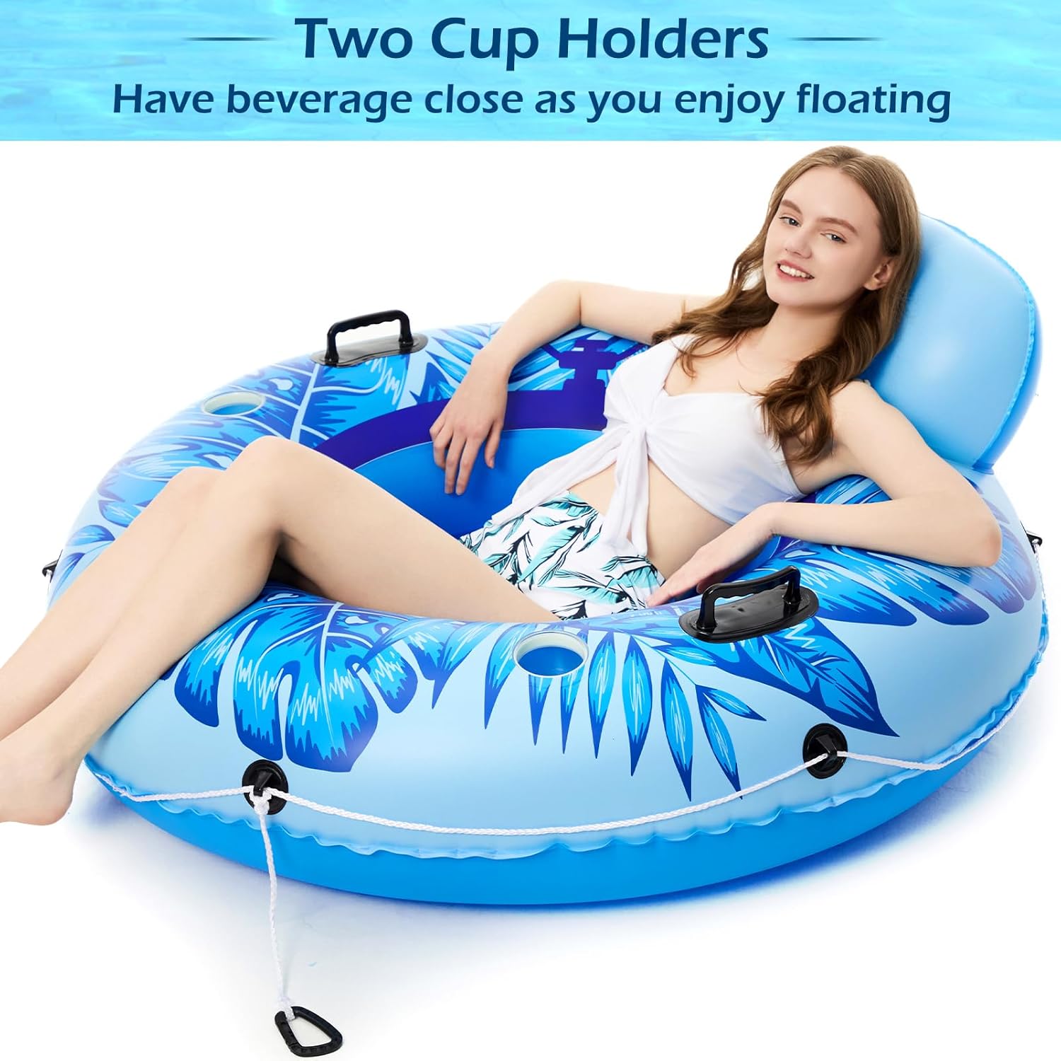 Jasonwell Inflatable River Tube Float - Heavy Duty River Float Pool Floats Lake Premium Water Tubes for Floating Recreational River Raft Lounge Floaties with 2 Cup Holders for Adult (Azure-L)