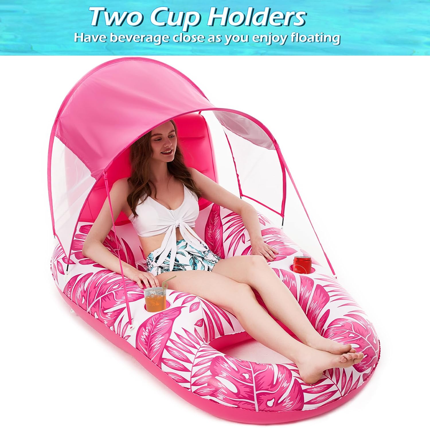 Jasonwell Pool Floats with Canopy - Inflatable Pool Float Adult Lounger Floaties Raft Floating Chair for Swimming Pool Lake Water Lounge Float with Cup Holders Beach Pool Party Toys for Adults (Rose)