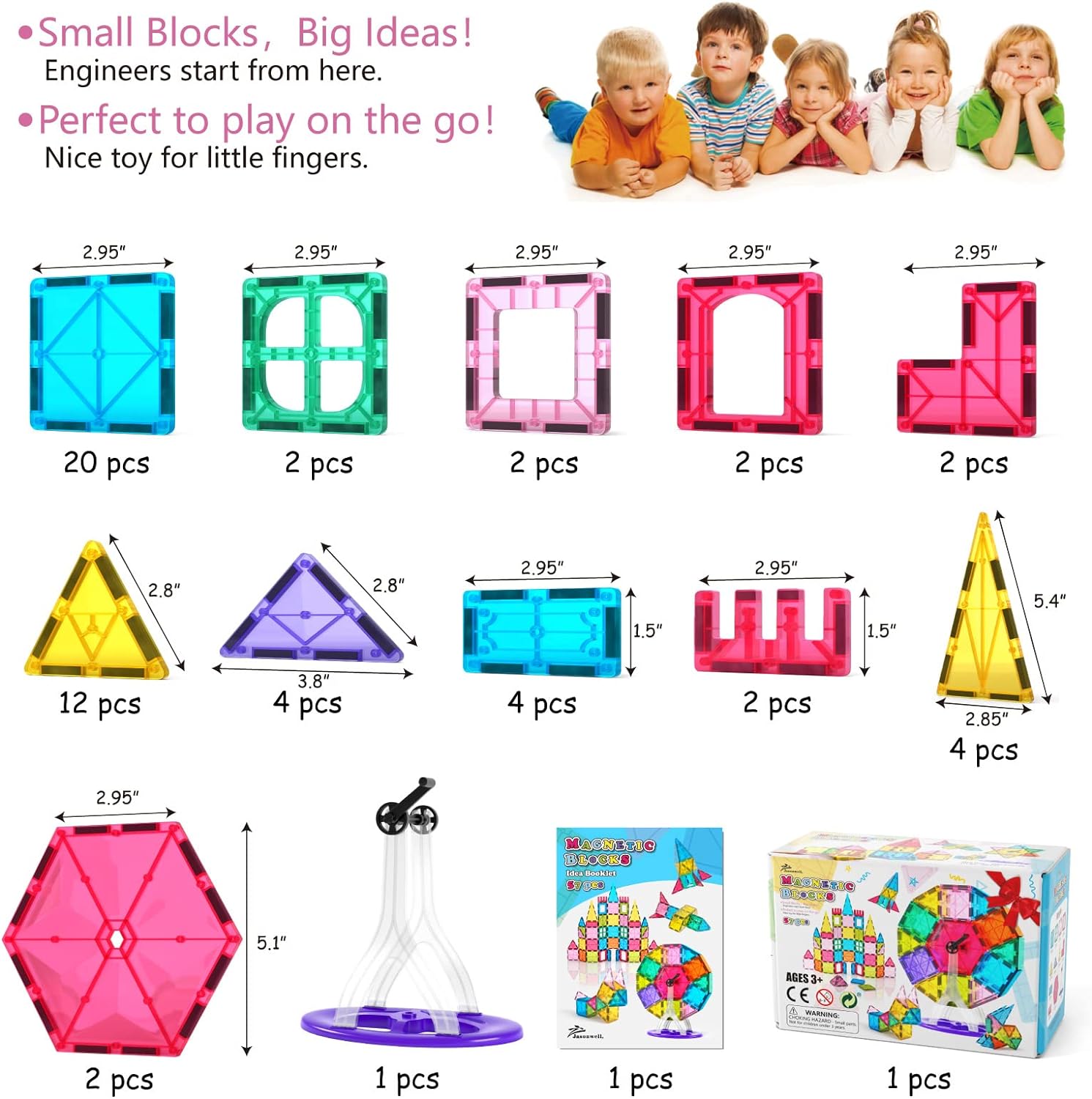 Jasonwell Magnetic Tiles Kids Magnetic Blocks Building Sets 3D Magnet Tile Building Blocks Magna Construction Educational STEM Toys Gifts for Toddlers Boys Girls 3 4 5 6 7 8 9 10 + Year Old 57PCS - Jasonwell