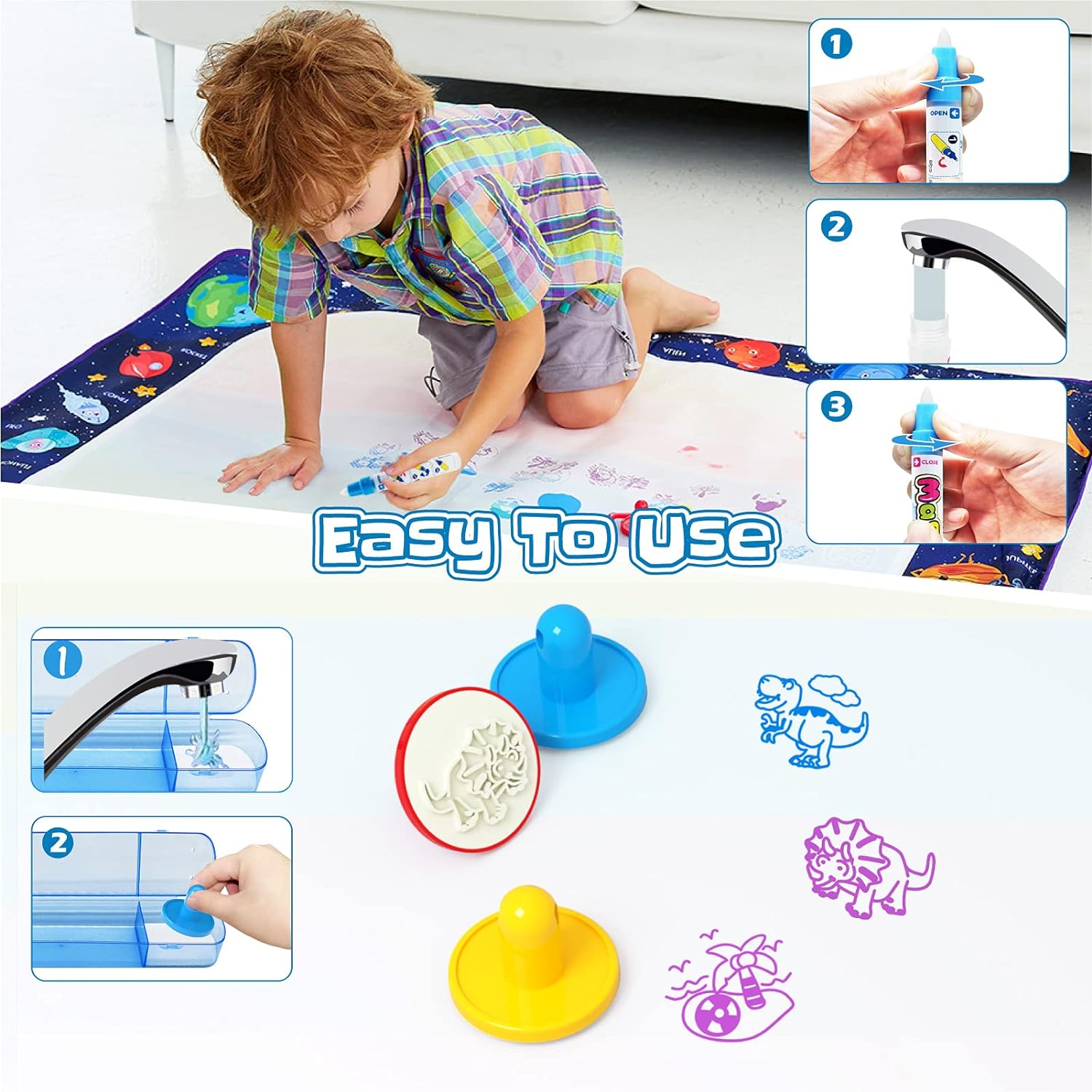 Jasonwell Aqua Water Doodle Mat - 40 x 28 Inches Extra Large Magic Drawing Doodling Mat Coloring Mat Educational Toys Gifts for Kids Toddlers Boys Girls Age 2 3 4 5 6 7 8 Year Old (Galaxy) - Jasonwell