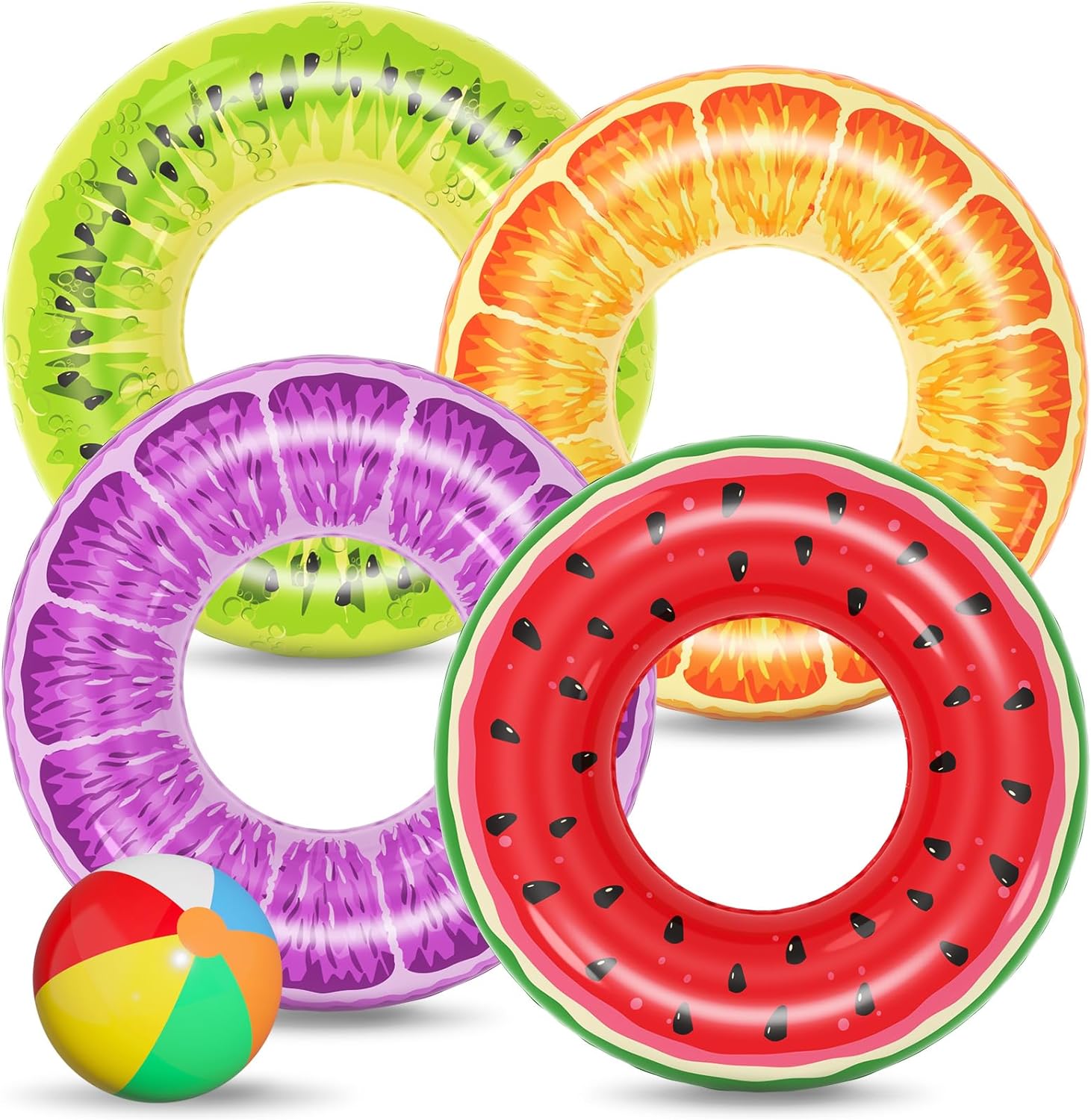 Jasonwell Inflatable Pool Toys Floats for Swimming Pool Party Lake Beach Kids Adults - 4 Pack Floaties Pool Tubes Swim Rings Fruit Water Floaty Watermelon Kiwi Orange Grape - Jasonwell