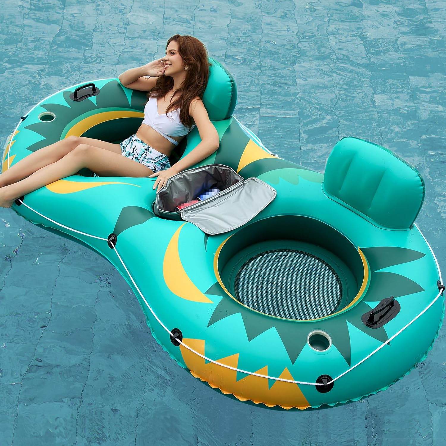 Jasonwell Inflatable River Tube Float - 2 Person Heavy Duty Pool Float With Removable Cooler, Lake Water Tubes for Floating, Raft Lounge Floatie With 2 Cup Holders for Adults