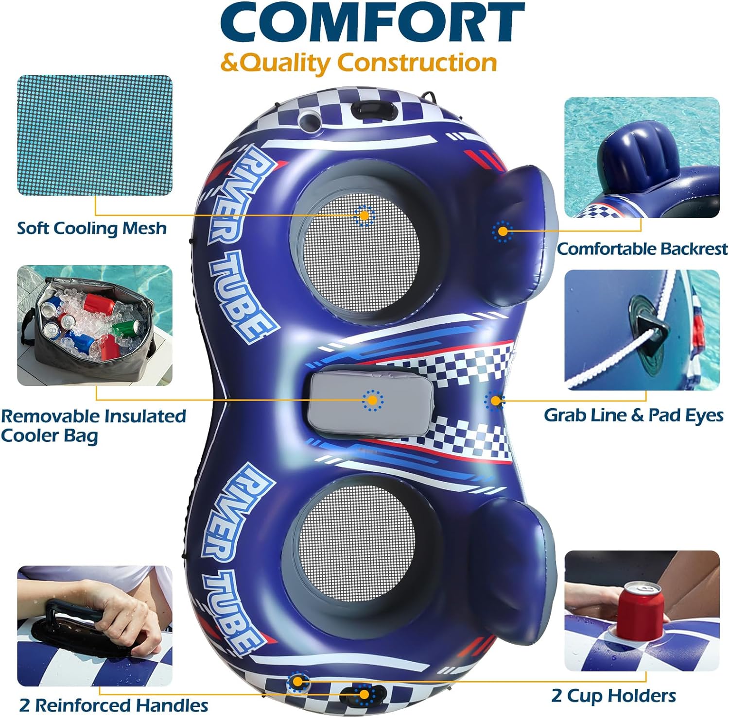 Jasonwell Inflatable River Tube Float - 2 Person Heavy Duty River Float Pool Floats with Removable Cooler Lake Water Tubes for Floating River Raft Lounge Floatie with 2 Cup Holders for Adults - Jasonwell