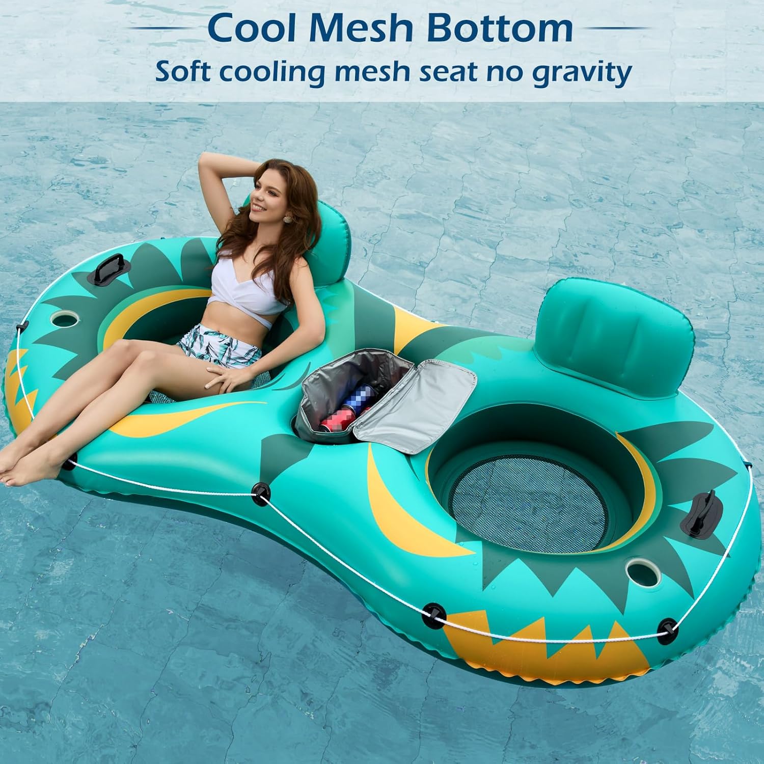 Jasonwell Inflatable River Tube Float - 2 Person Heavy Duty Pool Float With Removable Cooler, Lake Water Tubes for Floating, Raft Lounge Floatie With 2 Cup Holders for Adults