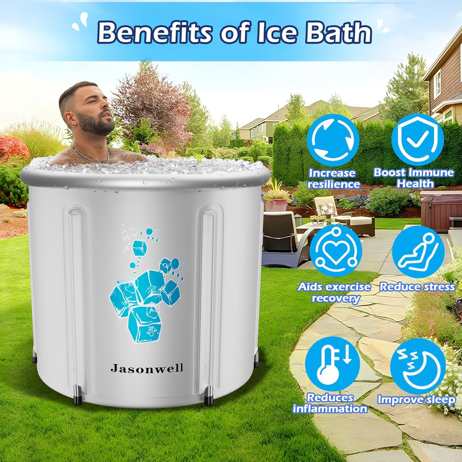 Jasonwell Ice Bath Tub for Athletes - Heavy Duty Cold Water Therapy Plunge Tub Ice Pod for Recovery Portable Ice Barrel Plunge Pool for Outdoor Inflatable Hot Tub Bathtub at Home for Adults 130 gal - Jasonwell