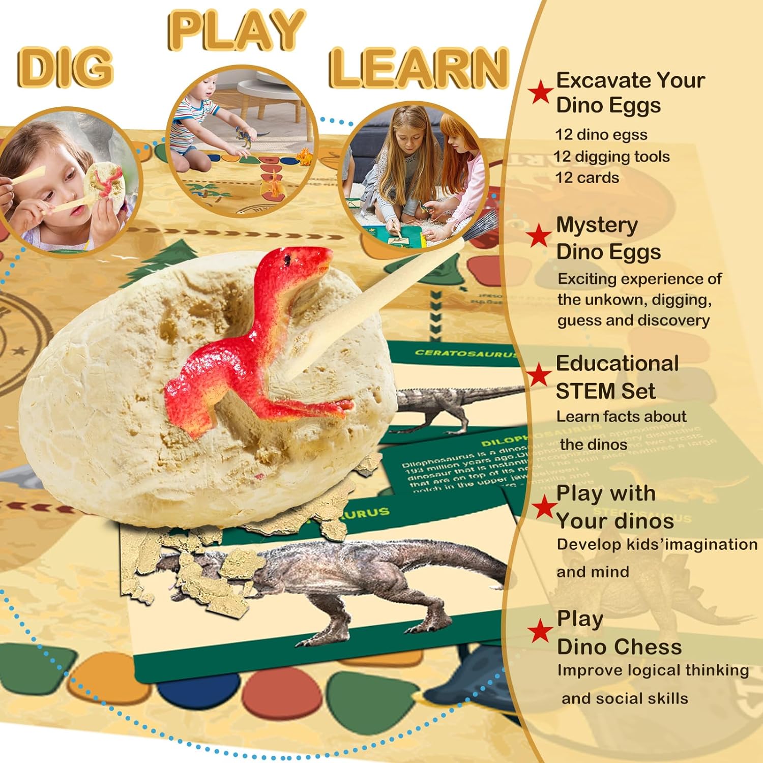 Dinosaur Eggs Dig Kit Toys - 12 Dino Fossil Eggs Excavation Kit w Play Mat for Kids Easter Party Favor Basket Stuffers STEM Toy Christmas Birthday Gift for Boys Girls Age 3 4 5 6 7 8 9 10 + Years Old - Jasonwell