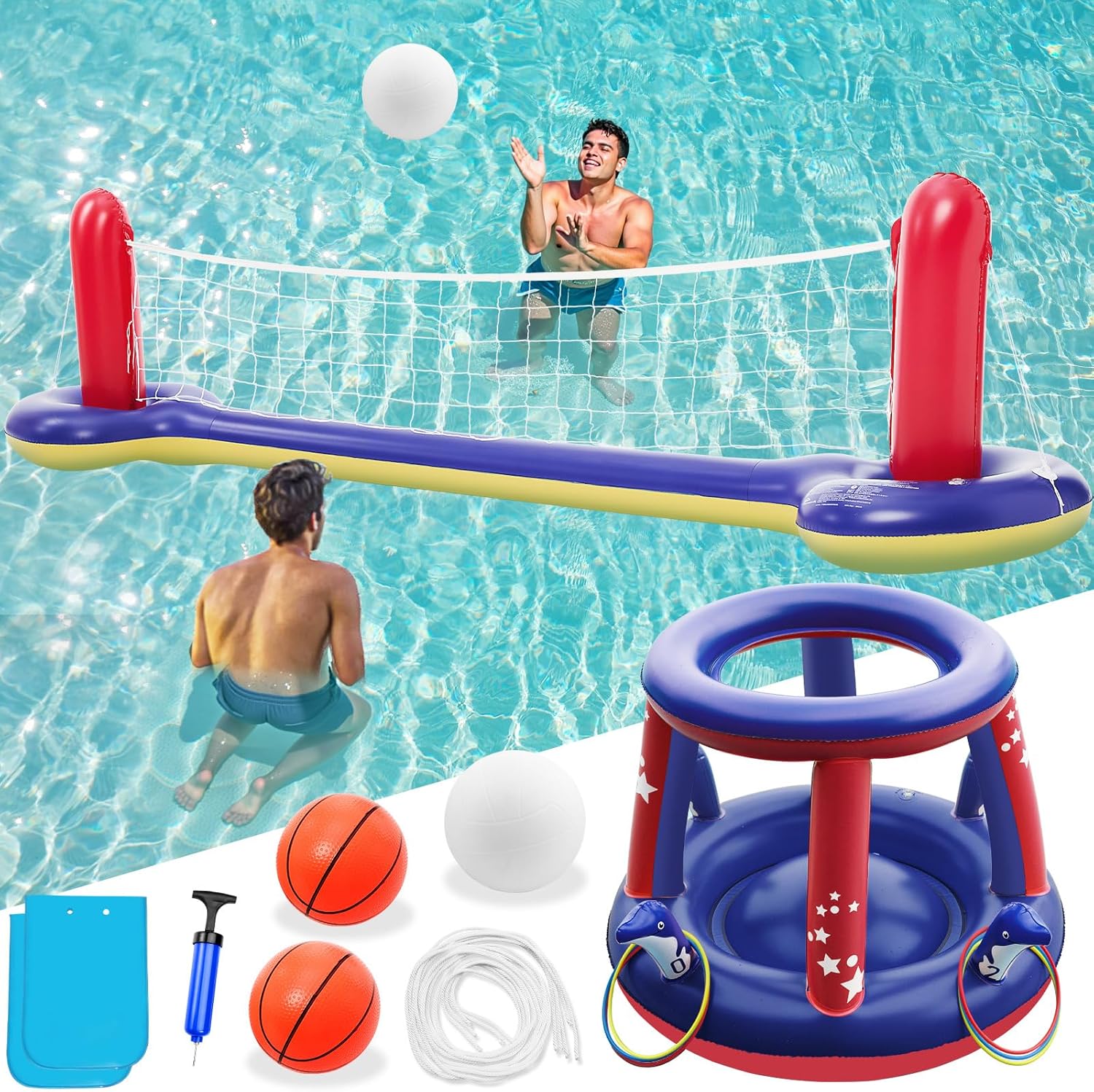 Jasonwell Pool Toys Games Set - 3 in 1 Pool Volleyball Net Basketball Hoop Ring Toss Game Inflatable Floats Water Floating Volleyball Swimming Pools Party Game Accessories Toy Gift Kids Teens Adults