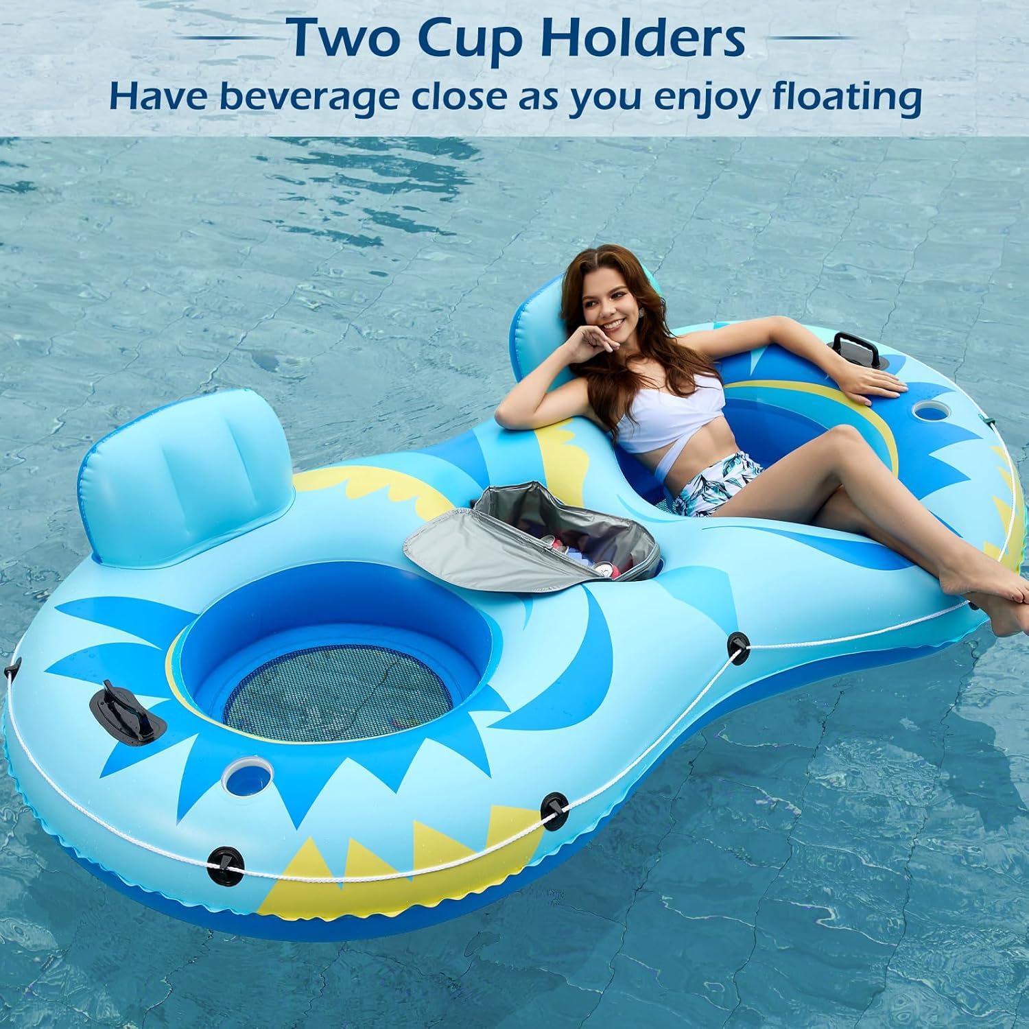 Jasonwell Inflatable River Tube Float - 2 Person Heavy Duty Pool Float With Removable Cooler, Lake Water Tubes for Floating, Raft Lounge Floatie With 2 Cup Holders for Adults