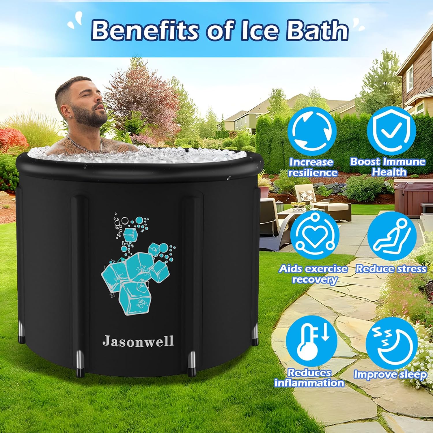 Jasonwell Ice Bath Tub for Athletes - Heavy Duty Cold Water Therapy Plunge Tub Ice Pod for Recovery Portable Ice Barrel Plunge Pool for Outdoor Inflatable Hot Tub Bathtub at Home for Adults 90 gal - Jasonwell