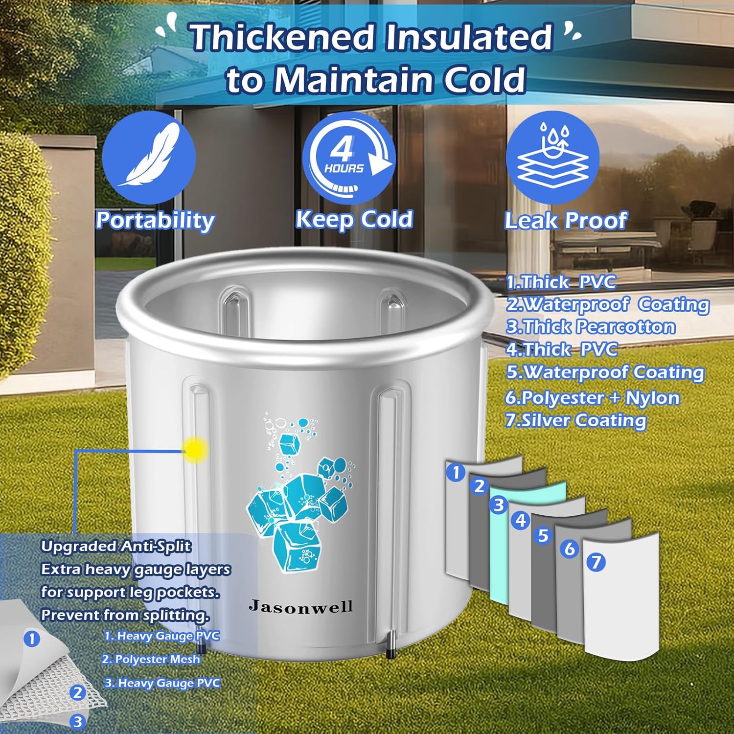 Jasonwell Ice Bath Tub for Athletes - Heavy Duty Cold Water Therapy Plunge Tub Ice Pod for Recovery Portable Ice Barrel Plunge Pool for Outdoor Inflatable Hot Tub Bathtub at Home for Adults 130 gal - Jasonwell