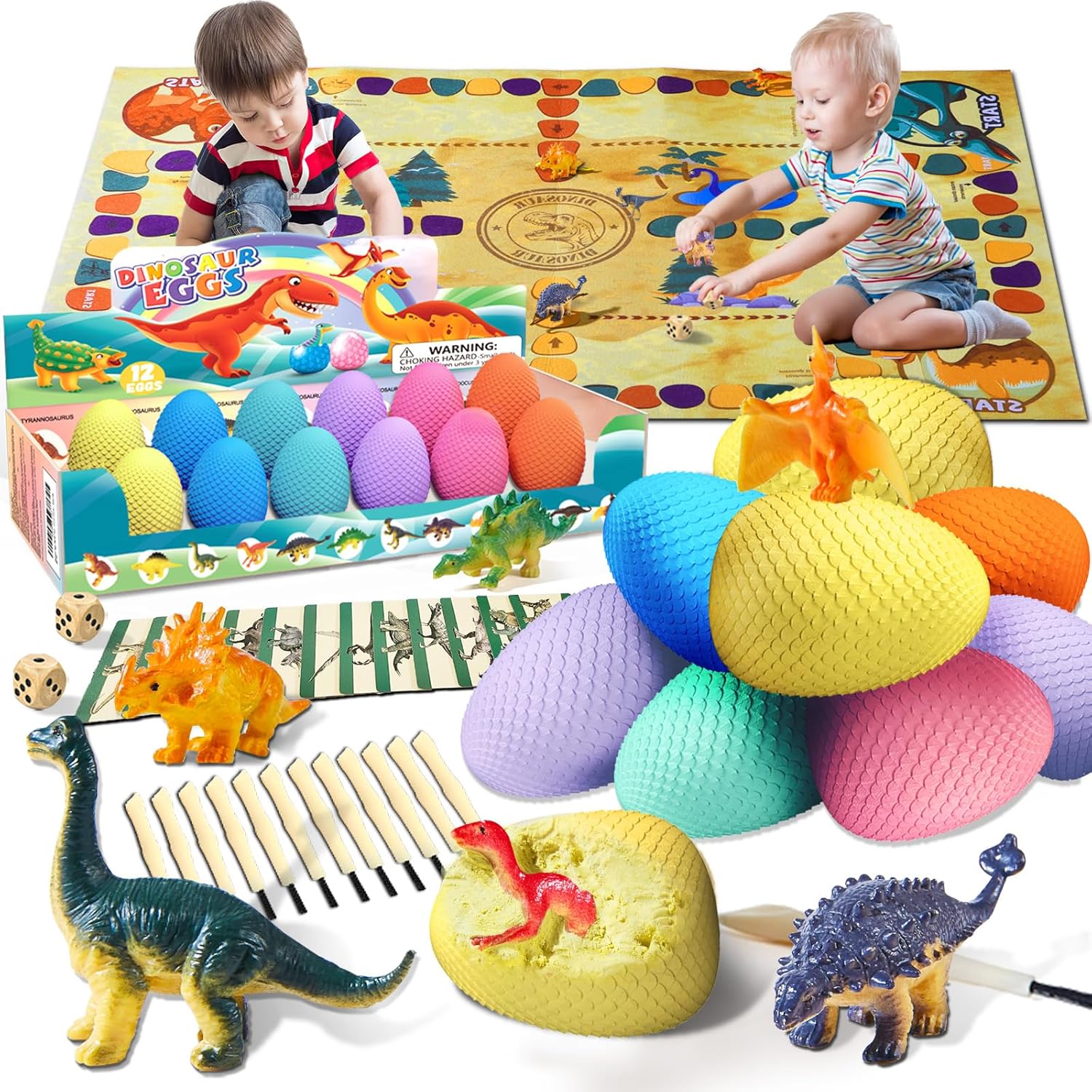 Dinosaur Eggs Dig Kit Toys - 12 Dino Fossil Eggs Excavation Kit w Play Mat for Kids Easter Party Favor Basket Stuffers STEM Toy Christmas Birthday Gift for Boys Girls Age 3 4 5 6 7 8 9 10 + Years Old - Jasonwell