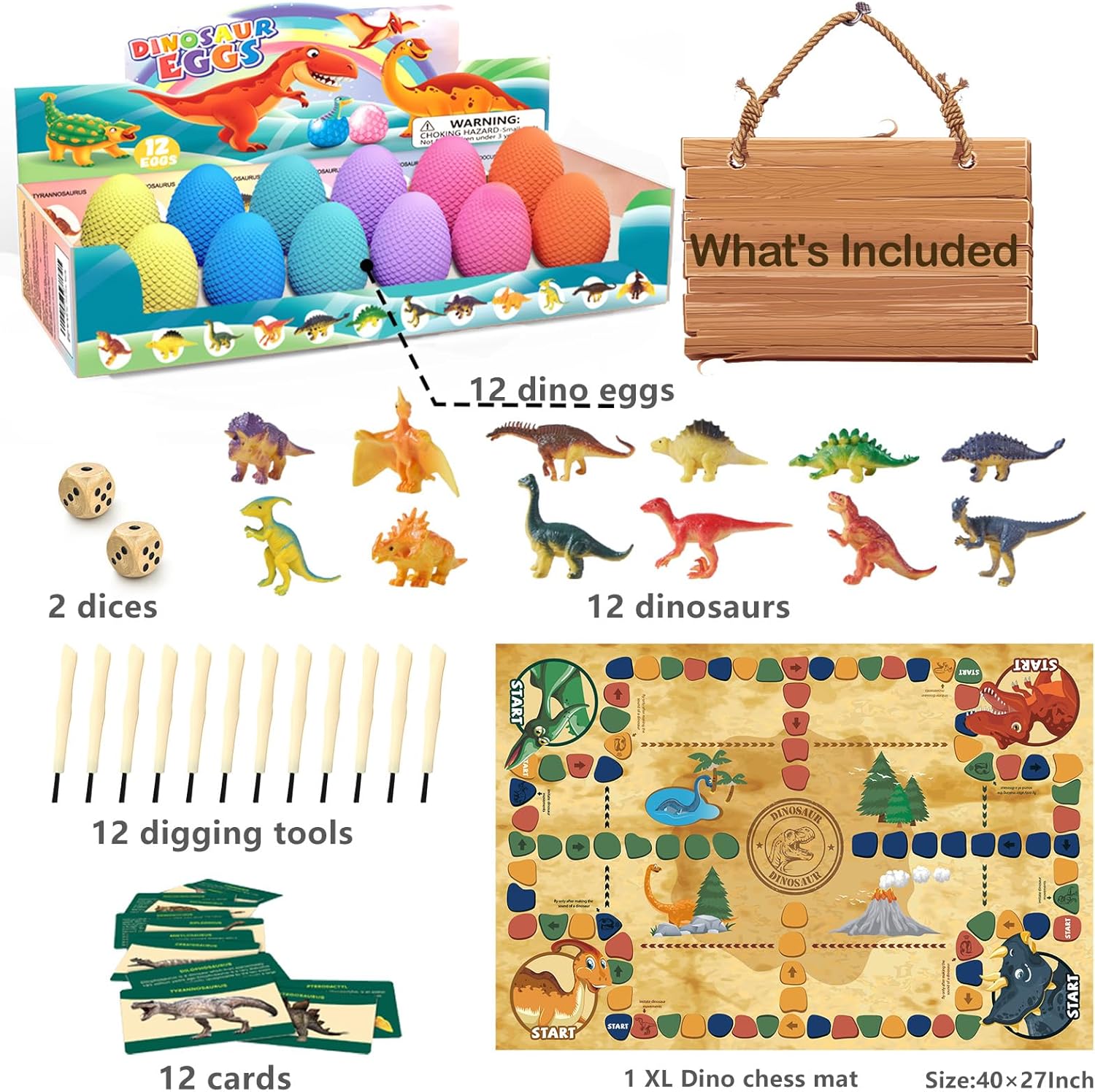 Dinosaur Eggs Dig Kit Toys - 12 Dino Fossil Eggs Excavation Kit w Play Mat for Kids Easter Party Favor Basket Stuffers STEM Toy Christmas Birthday Gift for Boys Girls Age 3 4 5 6 7 8 9 10 + Years Old - Jasonwell