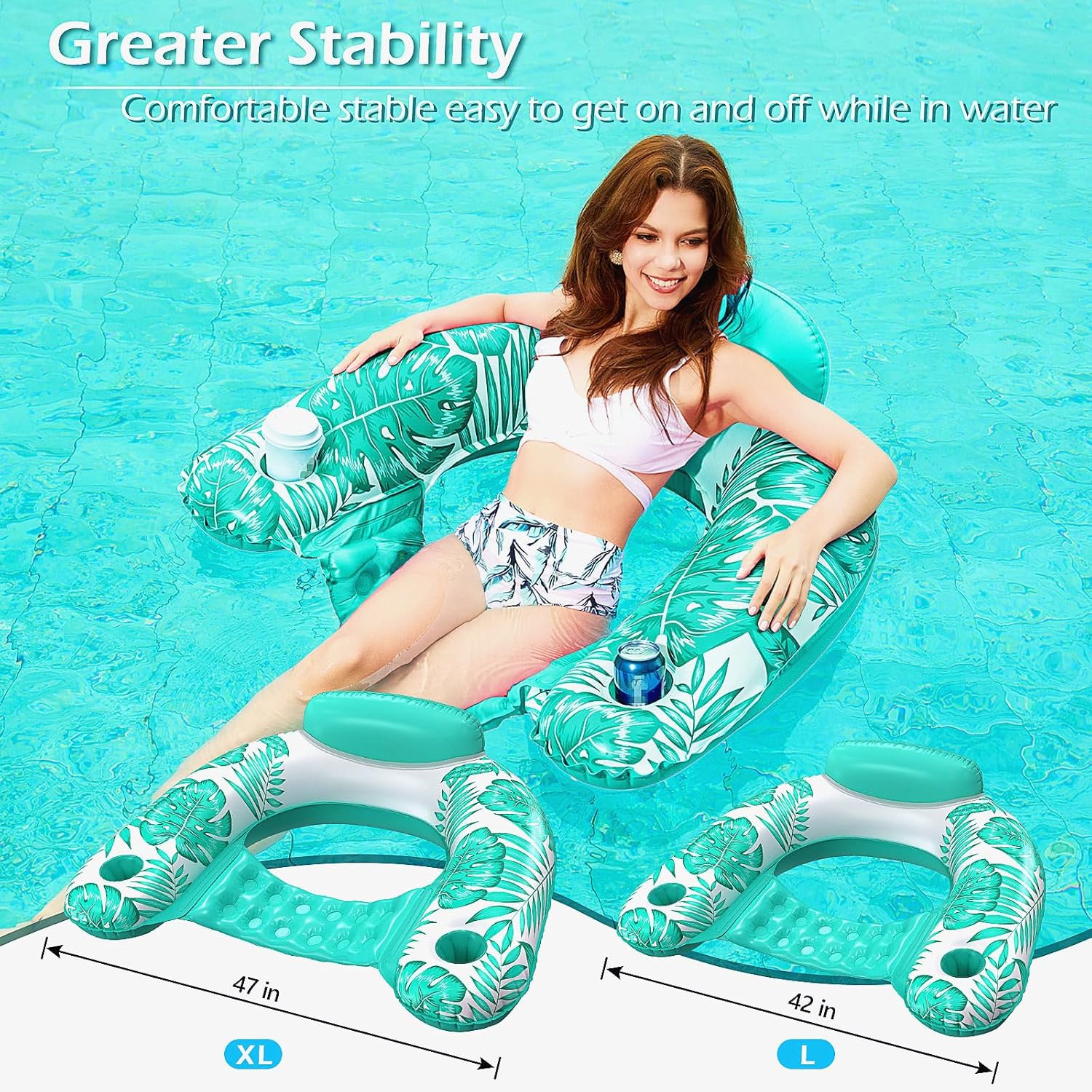 Jasonwell Inflatable Pool Float Chair - Pool Floaties Floating Pool Chair Lounge Floats for Swimming Pool Water Chair Pool Lounger with Cup Holder Pool Toy Party Floaty Adults (TropicalGreen-XL)