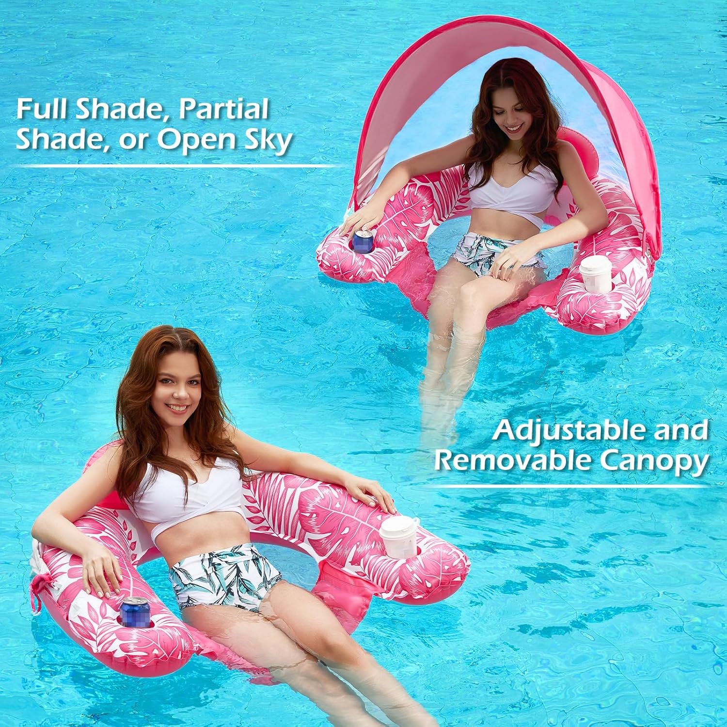 Jasonwell Pool Float with Canopy - Inflatable Pool Floaties Adult Floating Pool Chair Lounge Floats for Swimming Pool Water Chair Pool Lounger with Cup Holders Pool Toy Party Floaty for Adults