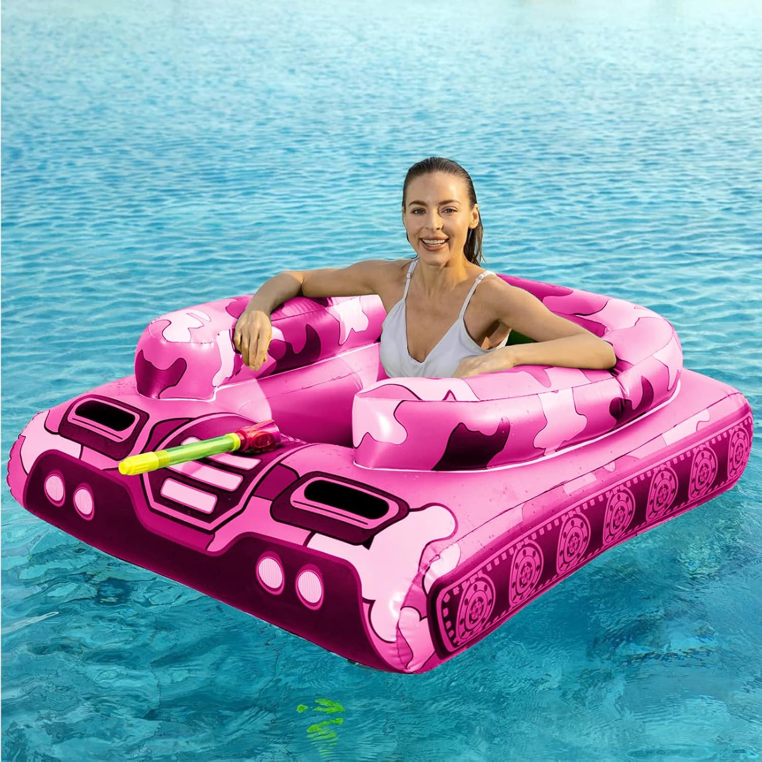Inflatable Tank Pool Floats Adults - Jasonwell Kids Pool Floaties Swimming Pool Tank with Water Cannon Gun Swim Floaty Rafts Lake Beach Party Pool Toys for Boys Girls Kids Adults (Rose-L) - Jasonwell