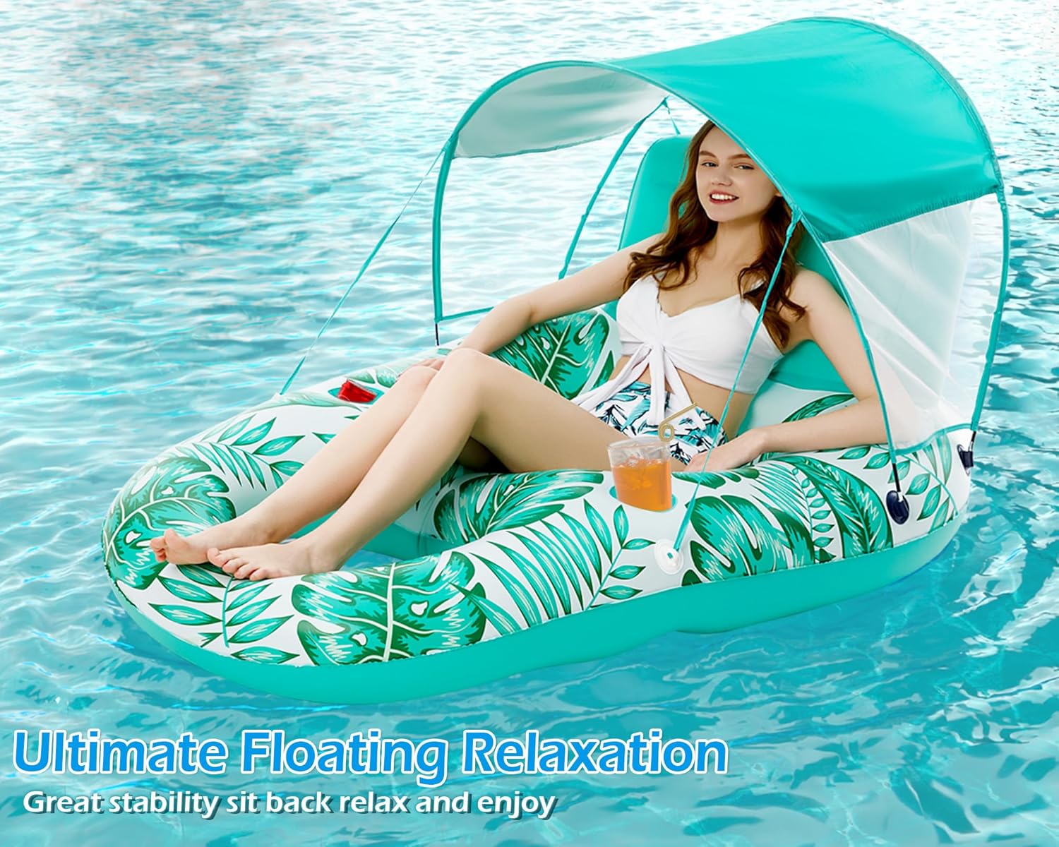Jasonwell Pool Floats with Canopy - Inflatable Pool Float Adult Lounger Floaties Raft Floating Chair for Swimming Pool Lake Water Lounge Float with Cup Holders Beach Pool Party Toys for Adults - Jasonwell