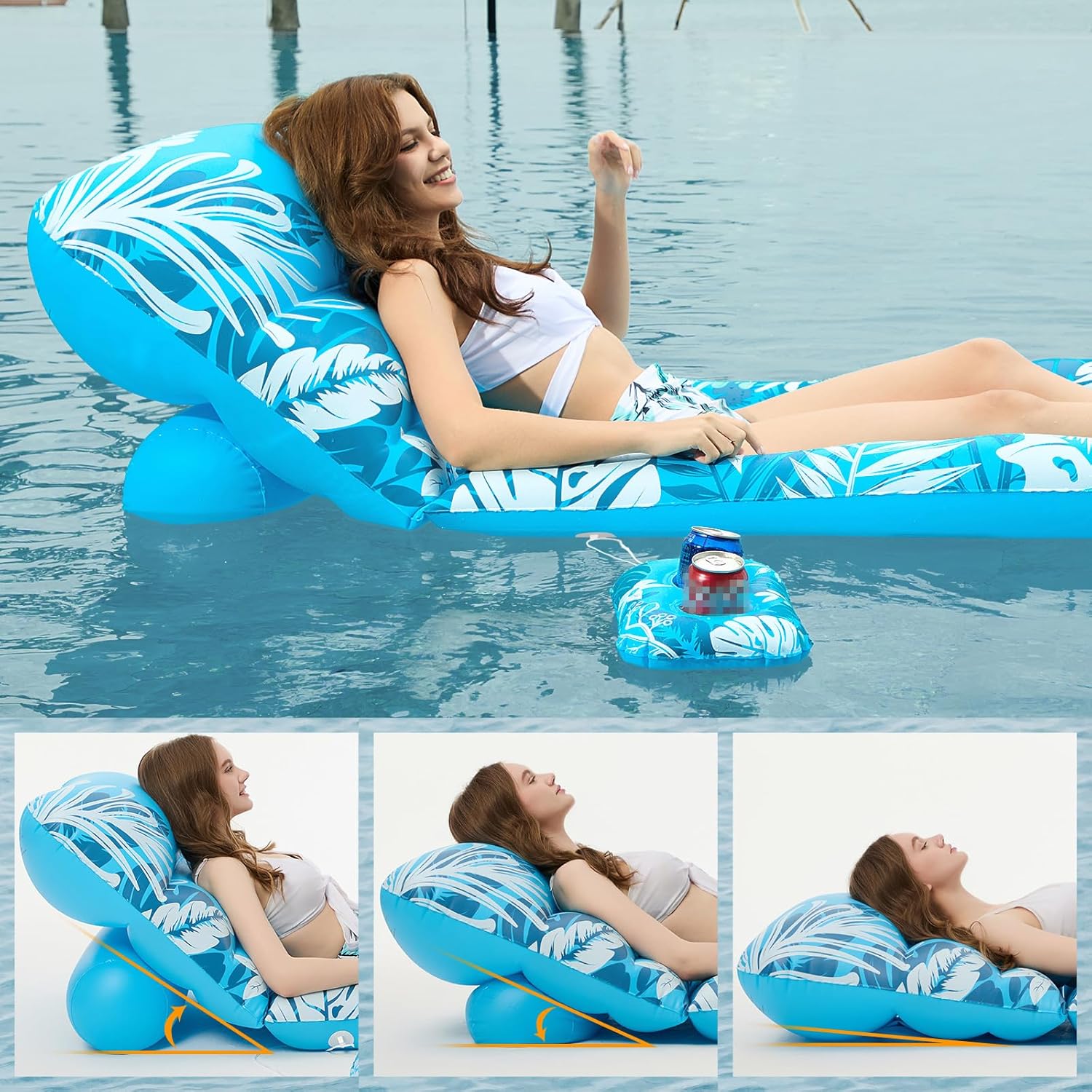 Jasonwell Inflatable Pool Float Adult - Pool Floaties Lounger Floats Floating Chair Raft with Adjustable Backrest Cup Holders Water Floaty Lake Lounge Tanning Floats Beach Party Toys for Adults (Blue)