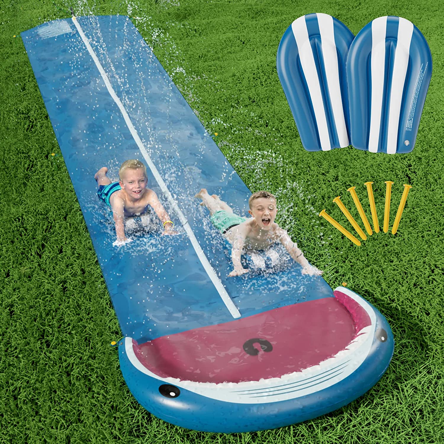 Jasonwell Slip and Slide Lawn Toy - Lawn Water Slides Summer Slip Waterslide for Kids Adults 20ft Extra Long with Sprinkler N Bodyboards Backyard Games Outdoor Splash Water Toys Outside Play Park Blue - Jasonwell