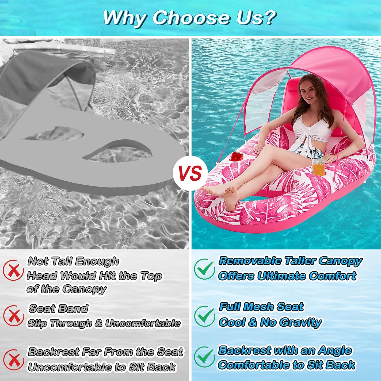 Jasonwell Pool Floats with Canopy - Inflatable Pool Float Adult Lounger Floaties Raft Floating Chair for Swimming Pool Lake Water Lounge Float with Cup Holders Beach Pool Party Toys for Adults (Rose)