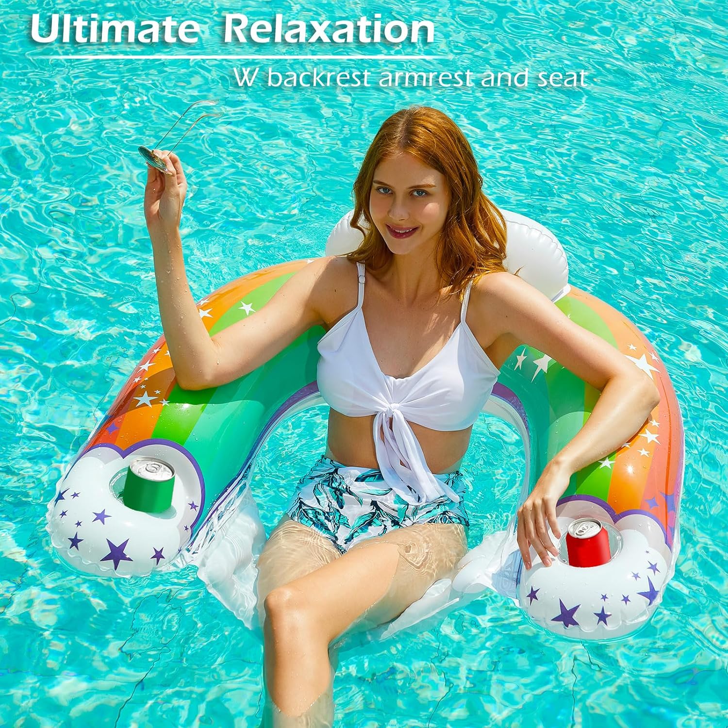 Jasonwell Inflatable Pool Float Chair - Pool Floaties Floating Pool Chair Lounge Floats for Swimming Pool Water Chair Pool Lounger with Cup Holder Pool Toy Party Floaty Adults (Rainbow-XL) - Jasonwell