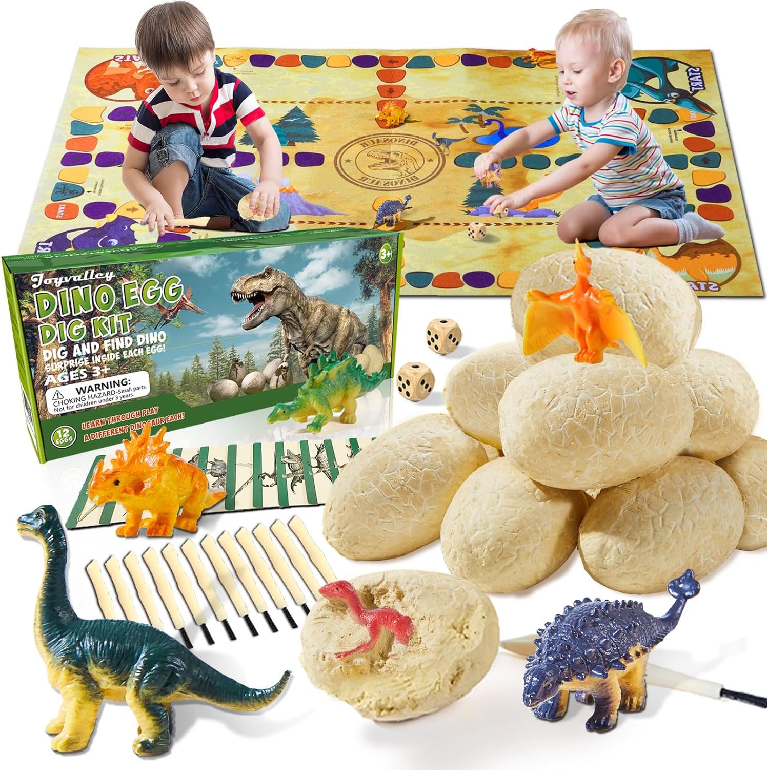Dinosaur Eggs Dig Kit Toys - 12 Dino Fossil Eggs Excavation Kit w Play Mat for Kids Easter Party Favor Basket Stuffers STEM Toy Christmas Birthday Gift for Boys Girls Age 3 4 5 6 7 8 9 10 + Years Old - Jasonwell