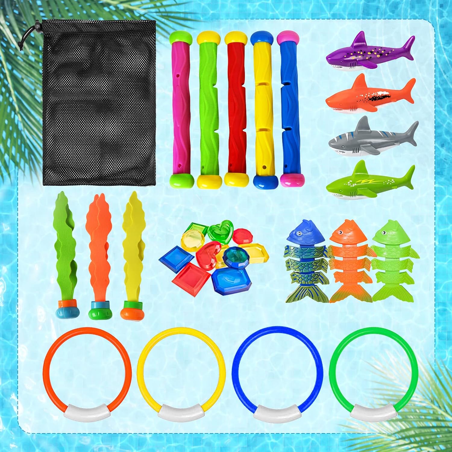 Jasonwell Pool Diving Toys Games - 31 PCS Swimming Pool Toys for Kids Teens with Diving Rings Dive Sticks Underwater Treasures Torpedo Bandits Fish Toys etc Fun Water Swim Toys for Boys Girls Adults - Jasonwell