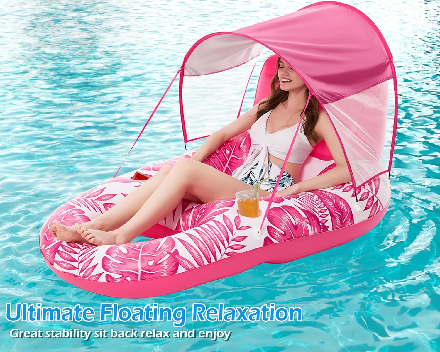Jasonwell Pool Floats with Canopy - Inflatable Pool Float Adult Lounger Floaties Raft Floating Chair for Swimming Pool Lake Water Lounge Float with Cup Holders Beach Pool Party Toys for Adults (Rose)