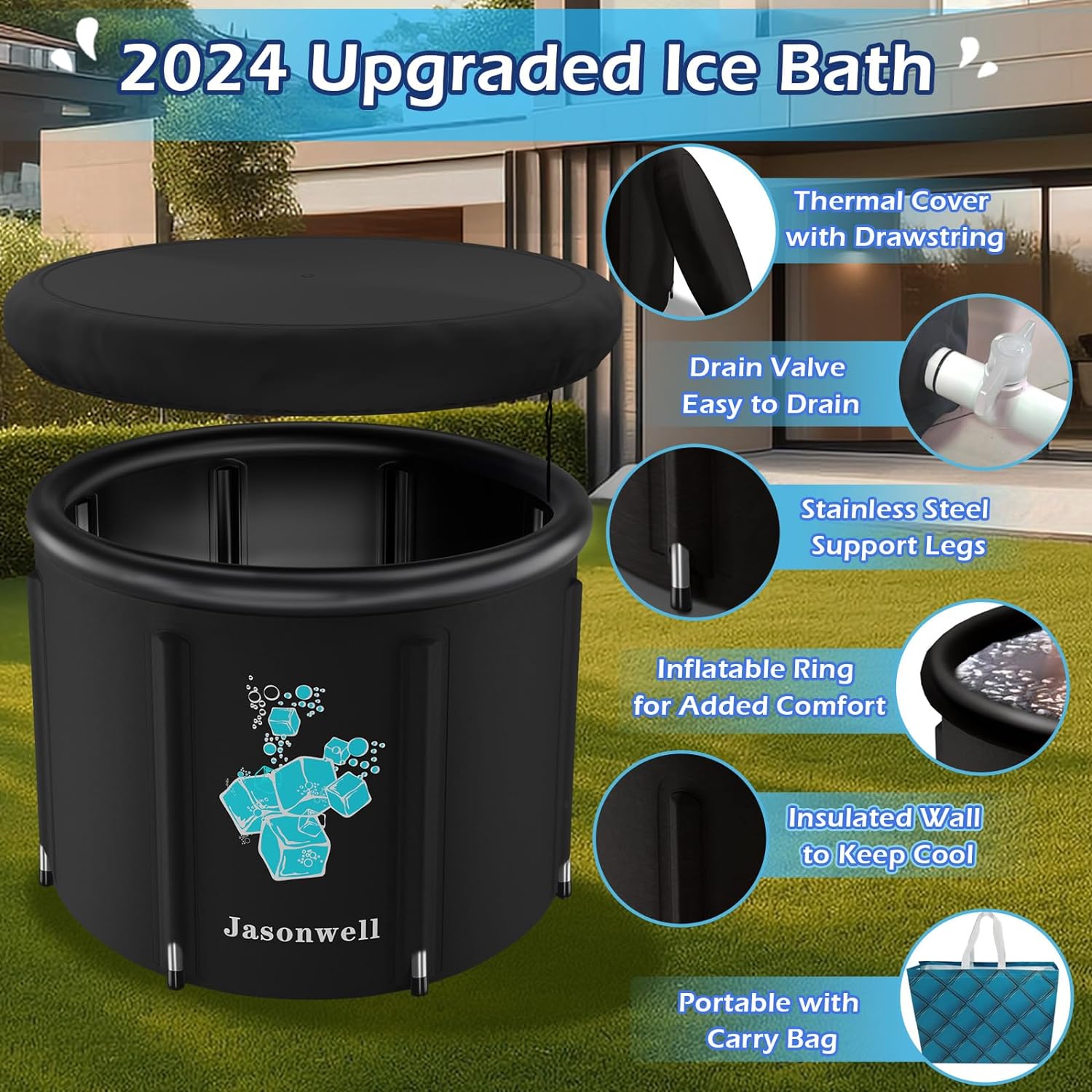 Jasonwell Ice Bath Tub for Athletes - Heavy Duty Cold Water Therapy Plunge Tub Ice Pod for Recovery Portable Ice Barrel Plunge Pool for Outdoor Inflatable Hot Tub Bathtub at Home for Adults 90 gal - Jasonwell