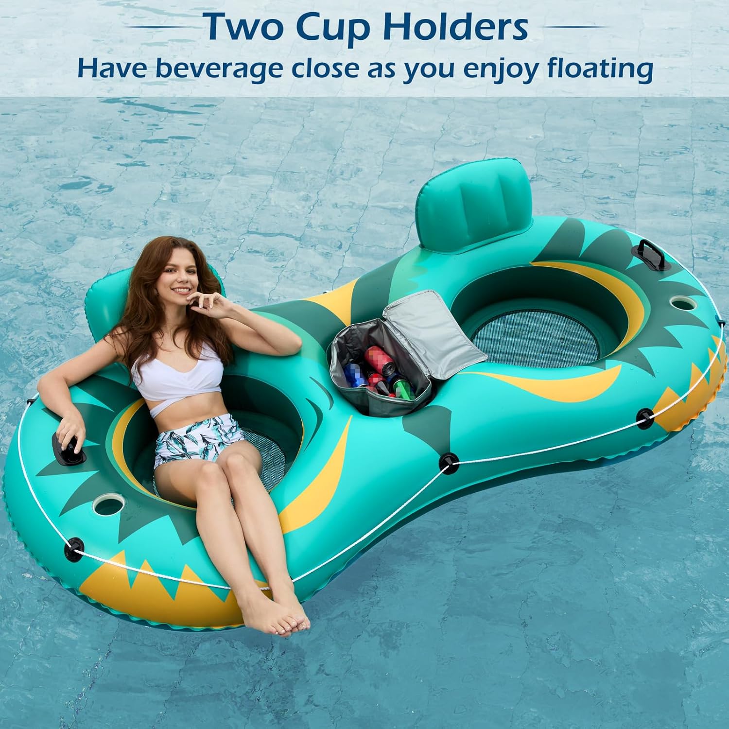 Jasonwell Inflatable River Tube Float - 2 Person Heavy Duty Pool Float With Removable Cooler, Lake Water Tubes for Floating, Raft Lounge Floatie With 2 Cup Holders for Adults
