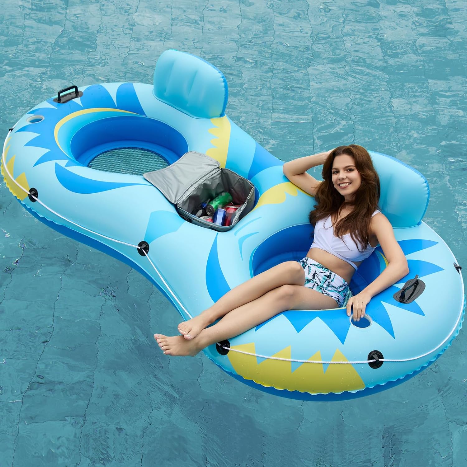 Jasonwell Inflatable River Tube Float - 2 Person Heavy Duty Pool Float With Removable Cooler, Lake Water Tubes for Floating, Raft Lounge Floatie With 2 Cup Holders for Adults