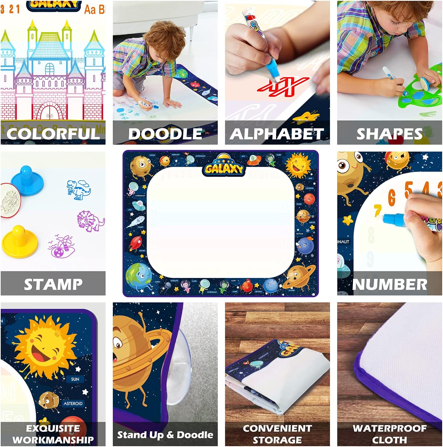 Jasonwell Aqua Water Doodle Mat - 40 x 28 Inches Extra Large Magic Drawing Doodling Mat Coloring Mat Educational Toys Gifts for Kids Toddlers Boys Girls Age 2 3 4 5 6 7 8 Year Old (Galaxy) - Jasonwell