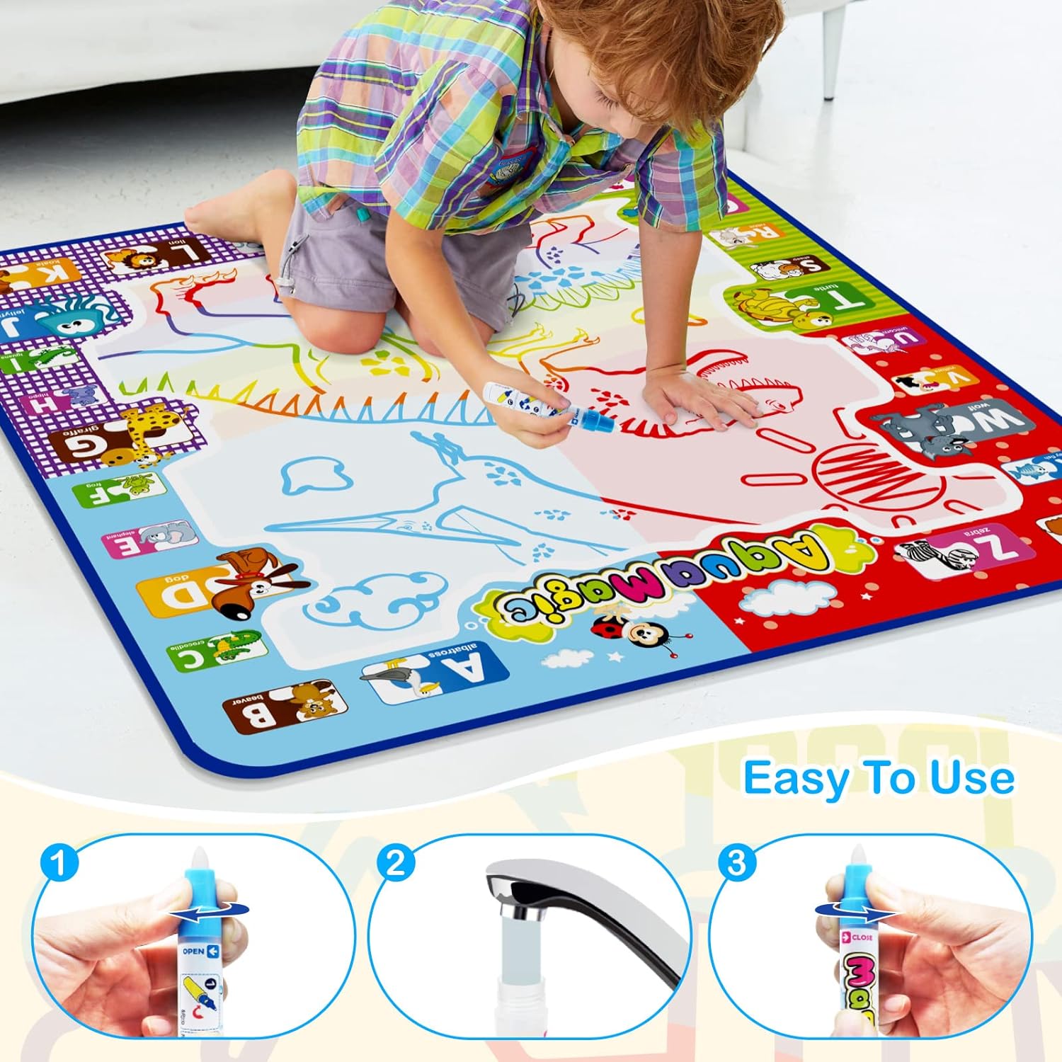 Jasonwell Aqua Water Doodle Mat 31 X 31 Inches Extra Large Magic Drawing Doodling Mat Coloring Mat Educational Toys Gifts for Kids Toddlers Boys Girls Age 2 3 4 5 6 7 8 Year Old (Alphabet) - Jasonwell