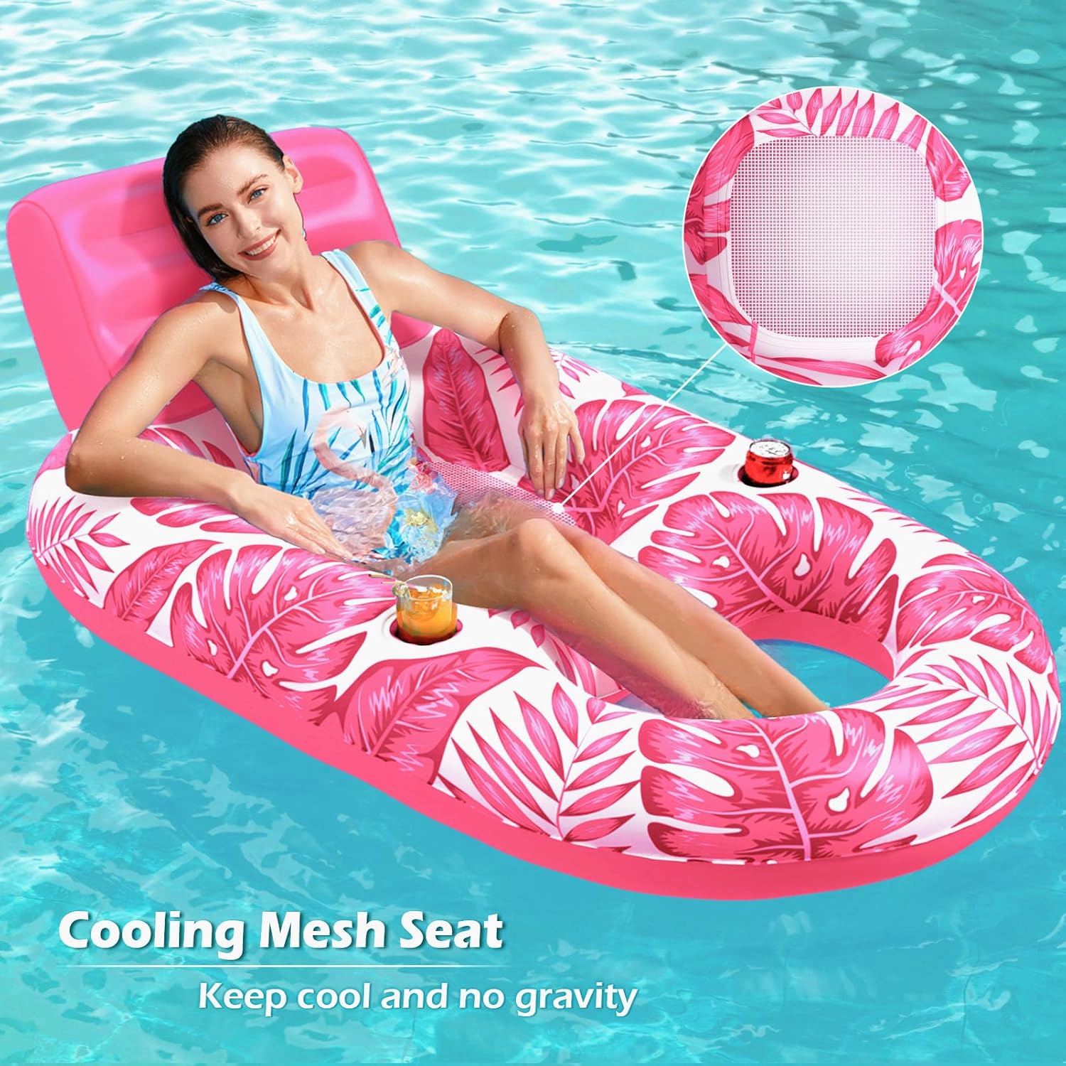 Jasonwell Inflatable Pool Float Adult - Pool Floaties Lounger Floats Raft Floating Chair Water Floaties for Swimming Pool Lake Lounge Float with Cup Holders Beach Pool Party Toys for Adults (T-Rose)