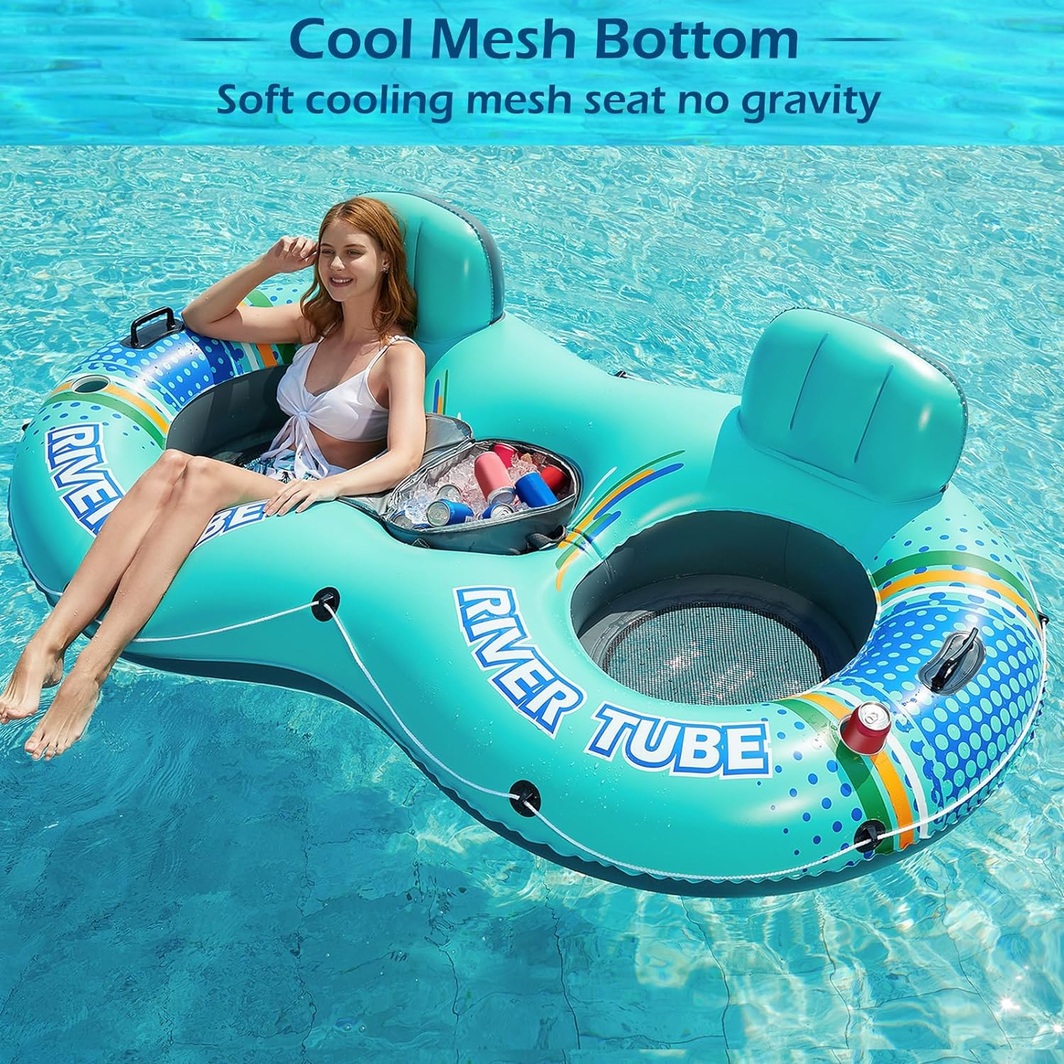 Jasonwell Inflatable River Tube Float - 2 Person Heavy Duty River Float Pool Floats with Removable Cooler Lake Water Tubes for Floating River Raft Lounge Floatie with 2 Cup Holders for Adults - Jasonwell