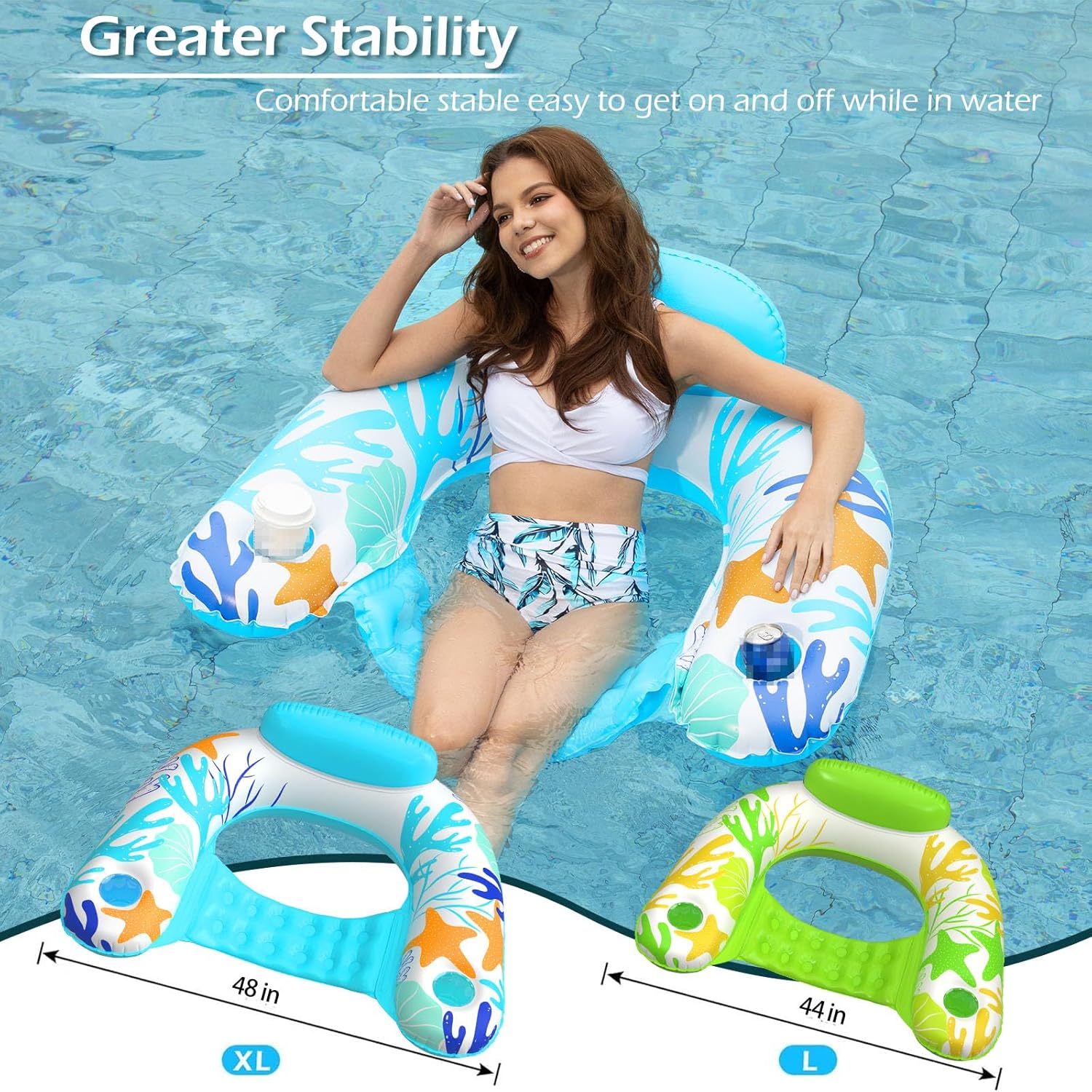Jasonwell Inflatable Pool Float Chair - Pool Floaties Floating Pool Chair Lounge Floats for Swimming Pool Water Chair Pool Lounger with Cup Holder Pool Toy Party Floaty Adults (Oceanblue-L)