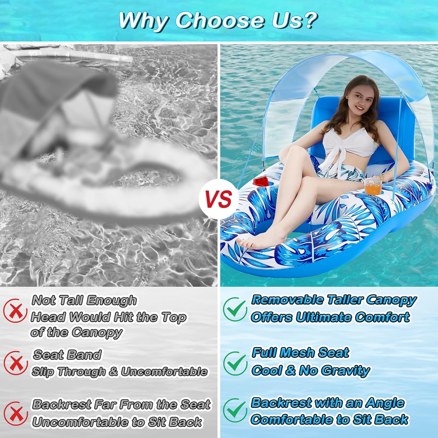Jasonwell Pool Floats with Canopy - Inflatable Pool Float Adult Lounger Floaties Raft Floating Chair for Swimming Pool Lake Water Lounge Float with Cup Holders Beach Pool Party Toys for Adults - Jasonwell