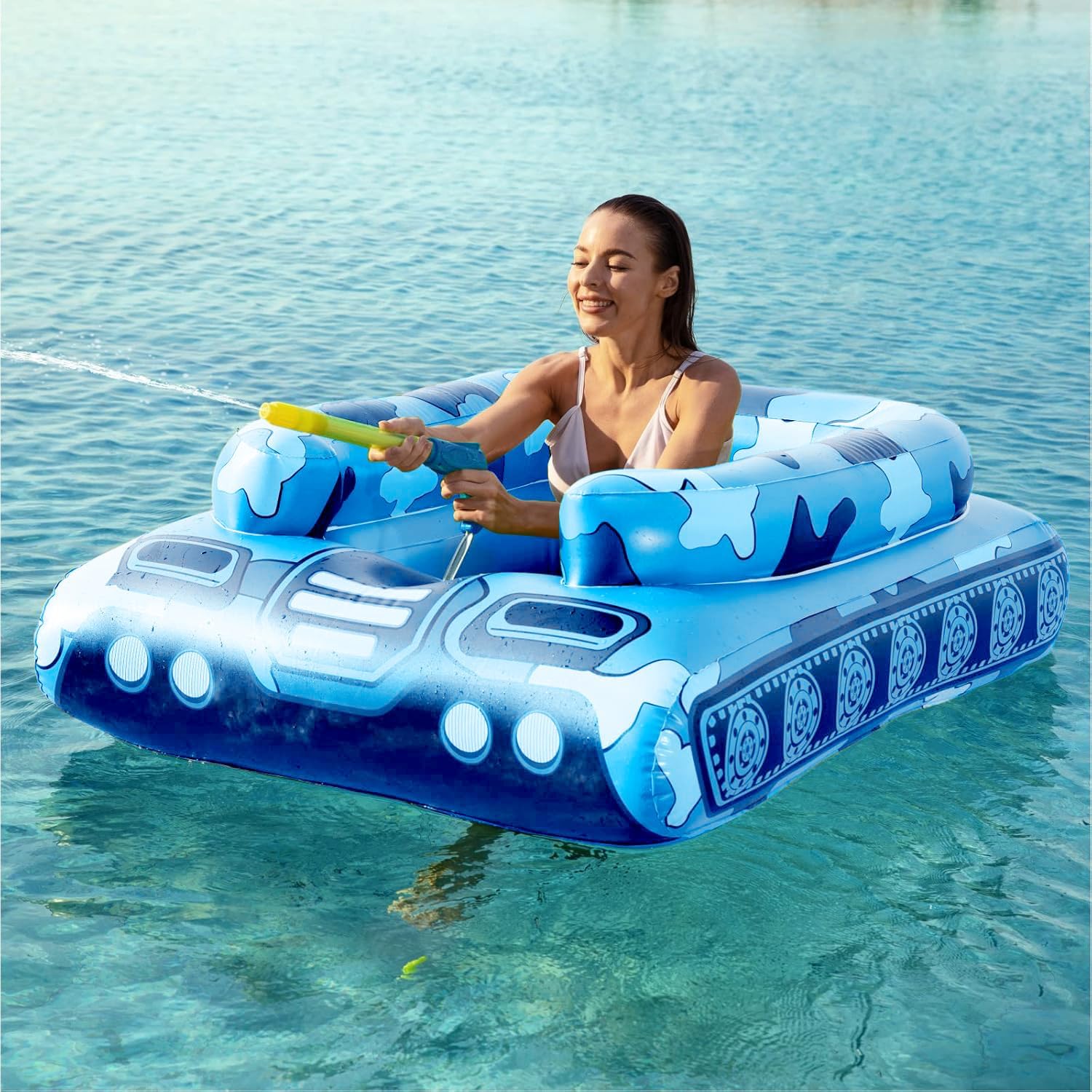 Inflatable Tank Pool Floats Adults - Jasonwell Kids Pool Floaties Swimming Pool Tank with Water Cannon Gun Swim Floaty Rafts Lake Beach Party Pool Toys for Boys Girls Kids Adults Blue-L - Jasonwell