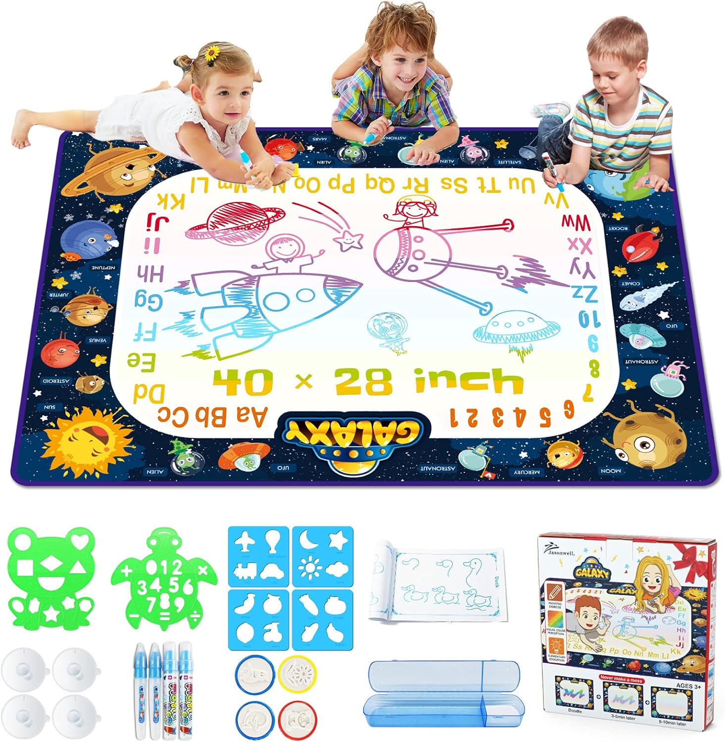 Jasonwell Aqua Water Doodle Mat - 40 x 28 Inches Extra Large Magic Drawing Doodling Mat Coloring Mat Educational Toys Gifts for Kids Toddlers Boys Girls Age 2 3 4 5 6 7 8 Year Old (Galaxy) - Jasonwell