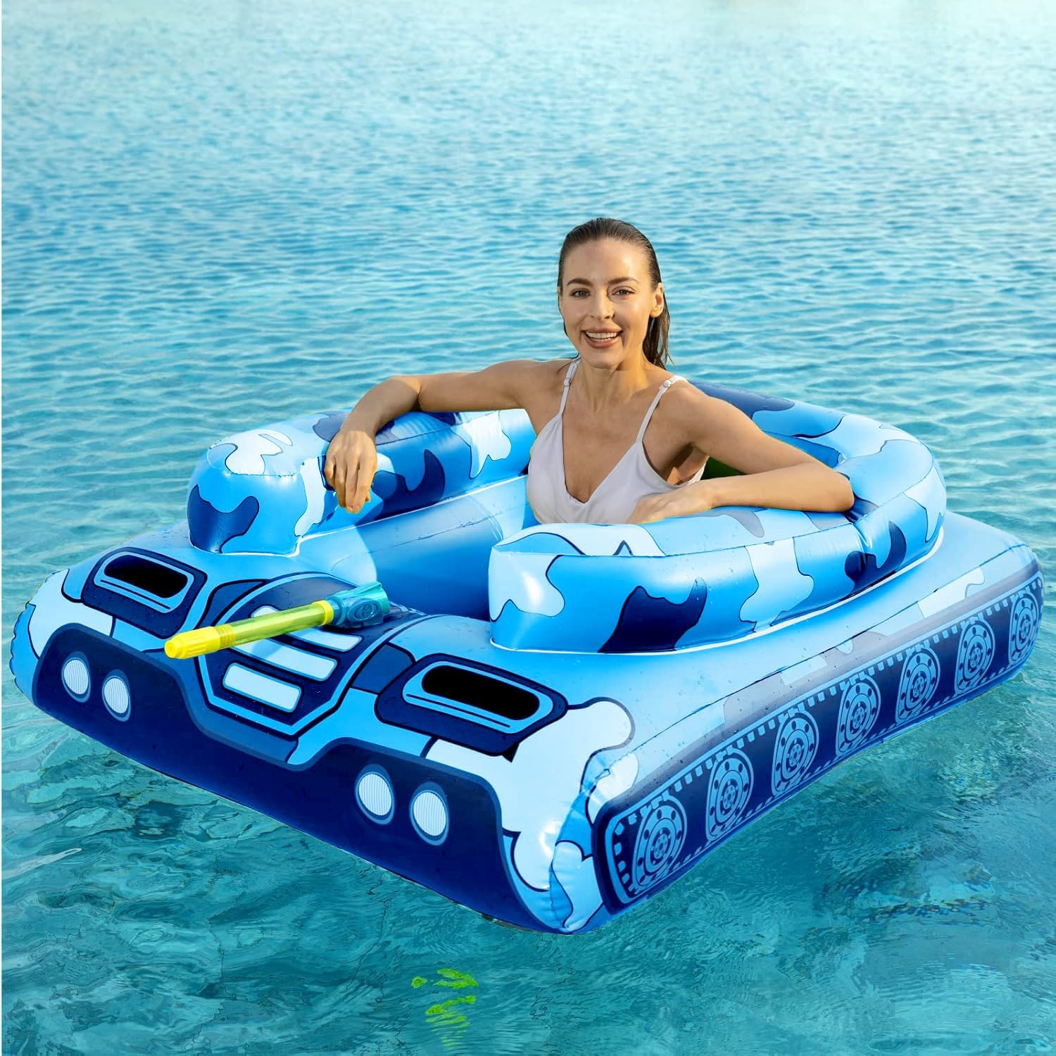 Inflatable Tank Pool Floats Adults - Jasonwell Kids Pool Floaties Swimming Pool Tank with Water Cannon Gun Swim Floaty Rafts Lake Beach Party Pool Toys for Boys Girls Kids Adults Blue-L - Jasonwell
