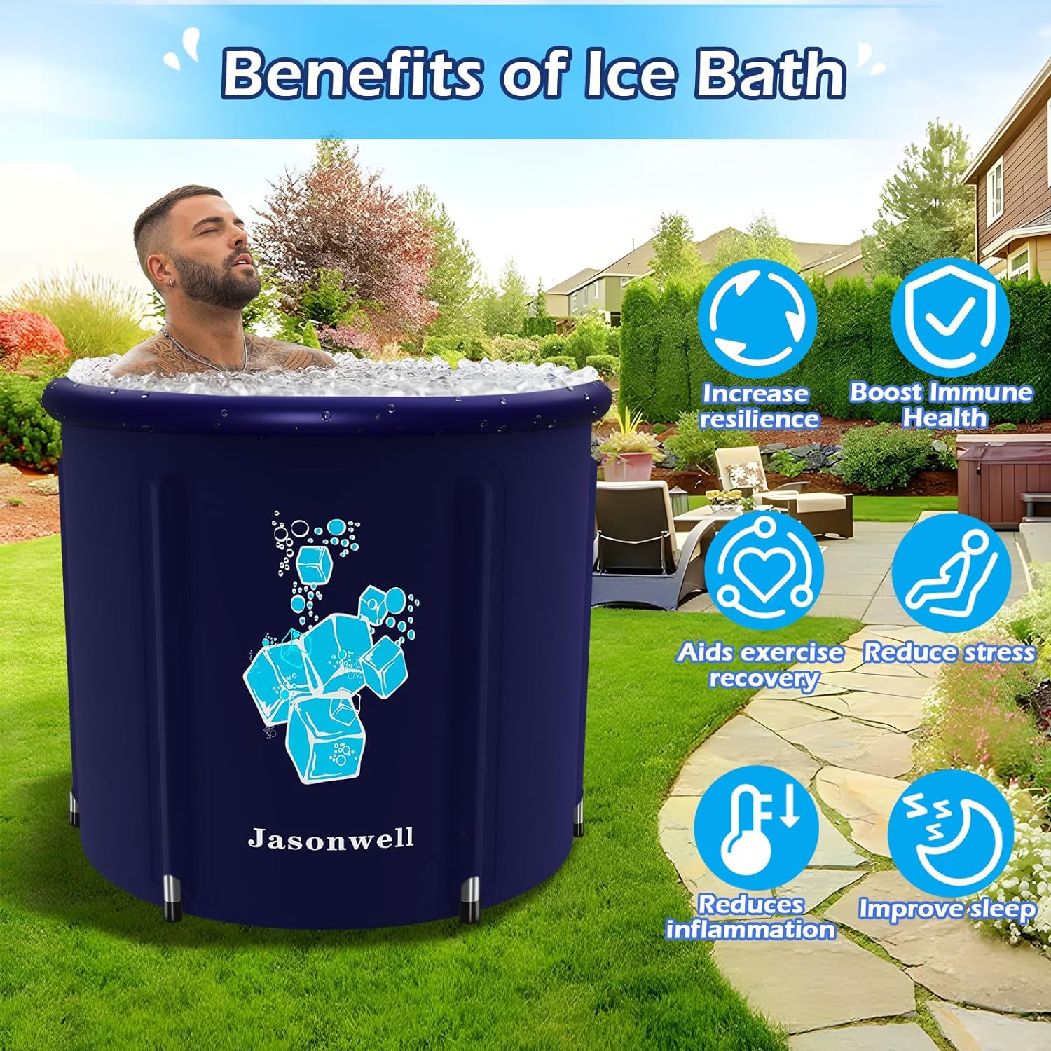 Jasonwell Ice Bath Tub for Athletes - Heavy Duty Cold Water Therapy Plunge Tub Ice Pod for Recovery Portable Ice Barrel Plunge Pool for Outdoor Inflatable Hot Tub Bathtub at Home for Adults 130 gal - Jasonwell